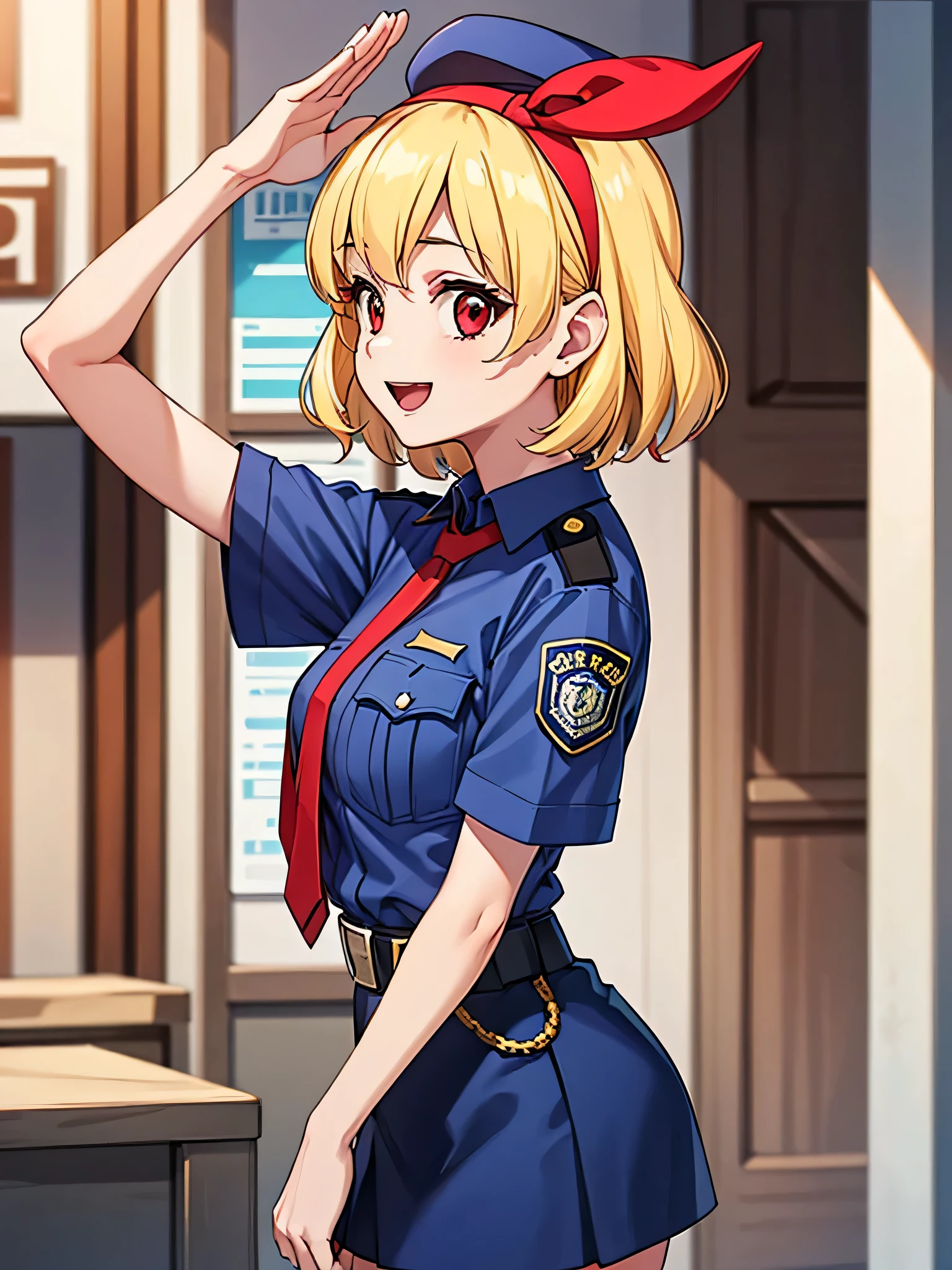 Masterpiece, cowboy shooting, cop, 1girl, solo, uniform, ribbon, hat, policewoman, solo, shirt, bangs, tie, breasts, blur, police uniform, blonde, hairband, red ribbon, police cap, short hair, looking at the viewer, red eyes, short sleeves, looking from the side, collared shirt, blue shirt, detailed city background, black tie, salute and laughter,