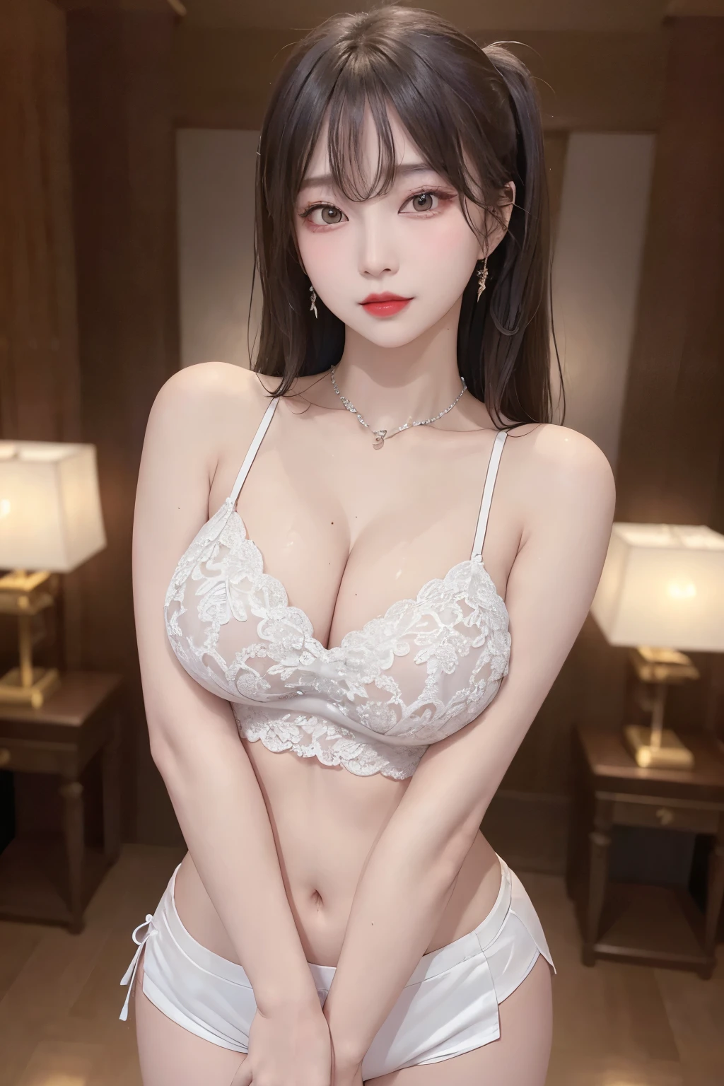 A sexy and charming korea woman, legs thrown back, elegant and intellectual, confident and generous, exquisite and beautiful face, exquisite collarbone, charming fragrant shoulders, navel, full body wet photo, body facing the front, beautiful and exquisite pretty face, peach Red lips, fragrant shoulders slightly exposed, super big breasts looming, focus on the face, seductive and delicate collarbone, ultra-high resolution, tender and smooth skin, very realistic details, bokeh, Bright Background, ultra-high-definition, outstanding details, 8K, blushing face, Attractive collarbone, sexy shoulders, one person, wet bob hair, ponytail long hair, smile with teeth, clothes((luxury lace crop top and lace boxers with deep cleavage, luxury necklace):1.2), high detail, shiny skin, (standing pose:1.5),