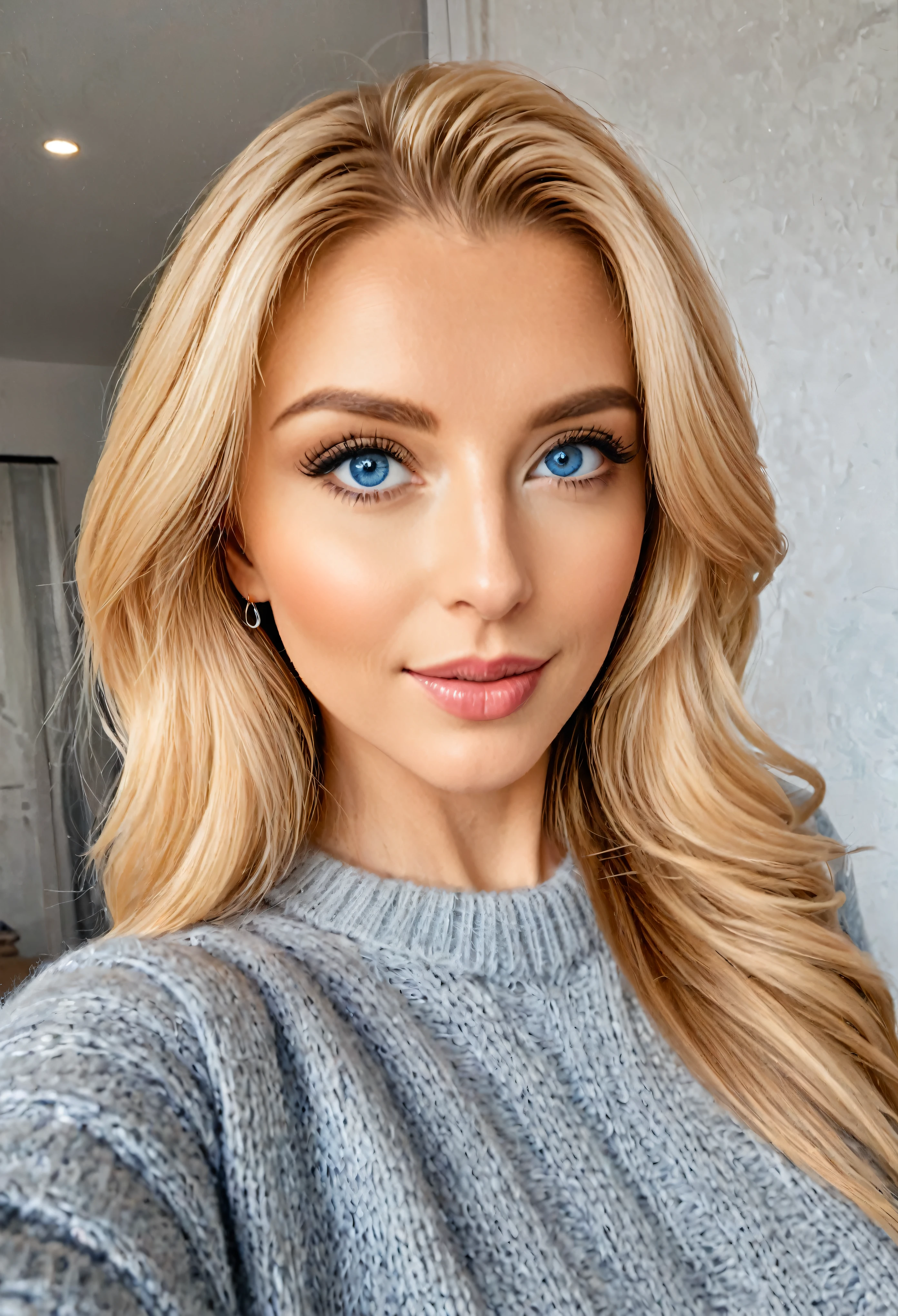 blonde woman with blue eyes and a gray sweater taking a selfie, imagem de perfil, powder Nándor Katona, foto profissional, imagem de perfil, Angie Glocka, inspired by Lili Arkayné Sztehló, Magalie Villeneuve, taken at the beginning of 2020, Aleksandra Waliszewska