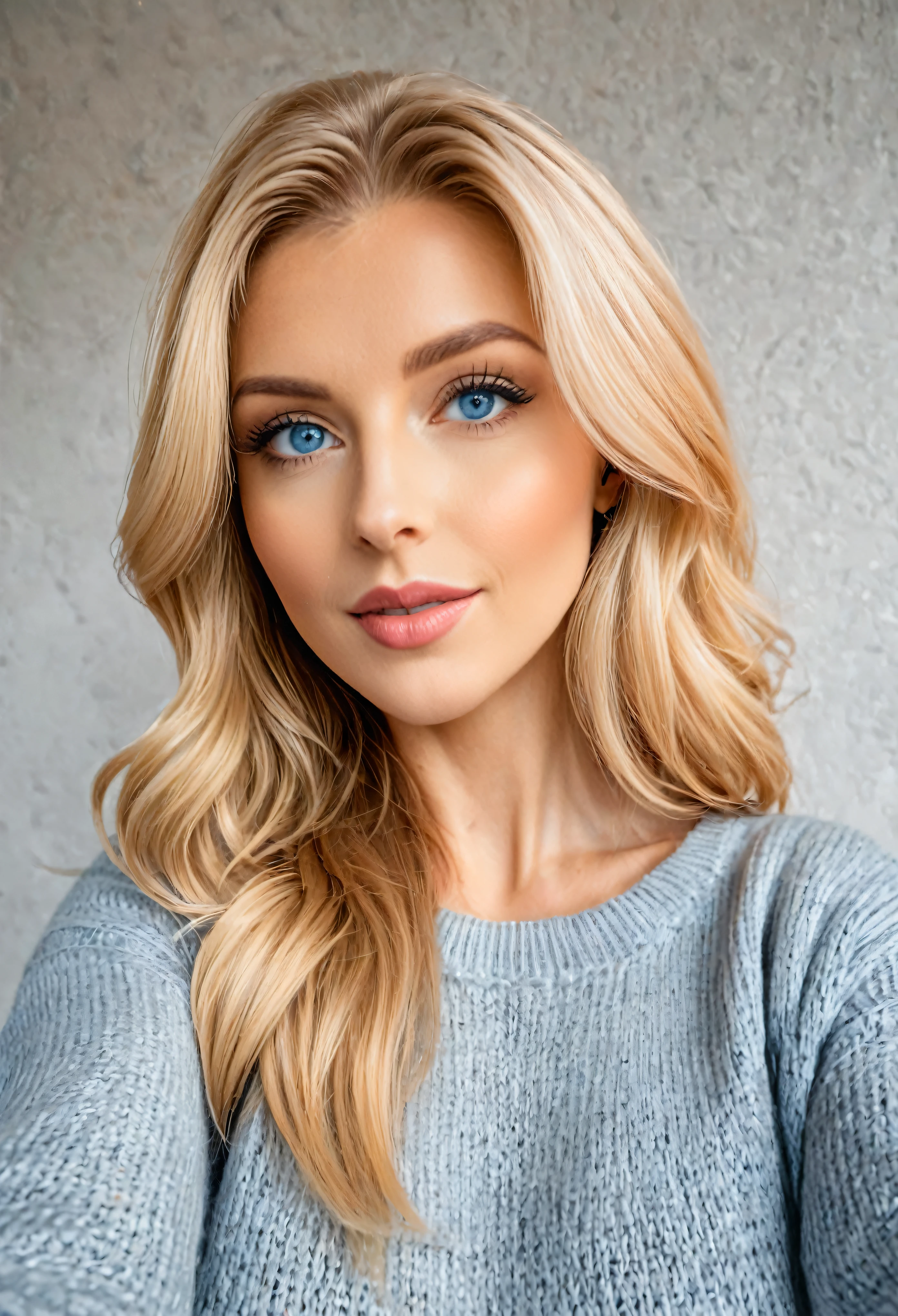 blonde woman with blue eyes and a gray sweater taking a selfie, imagem de perfil, powder Nándor Katona, foto profissional, imagem de perfil, Angie Glocka, inspired by Lili Arkayné Sztehló, Magalie Villeneuve, taken at the beginning of 2020, Aleksandra Waliszewska