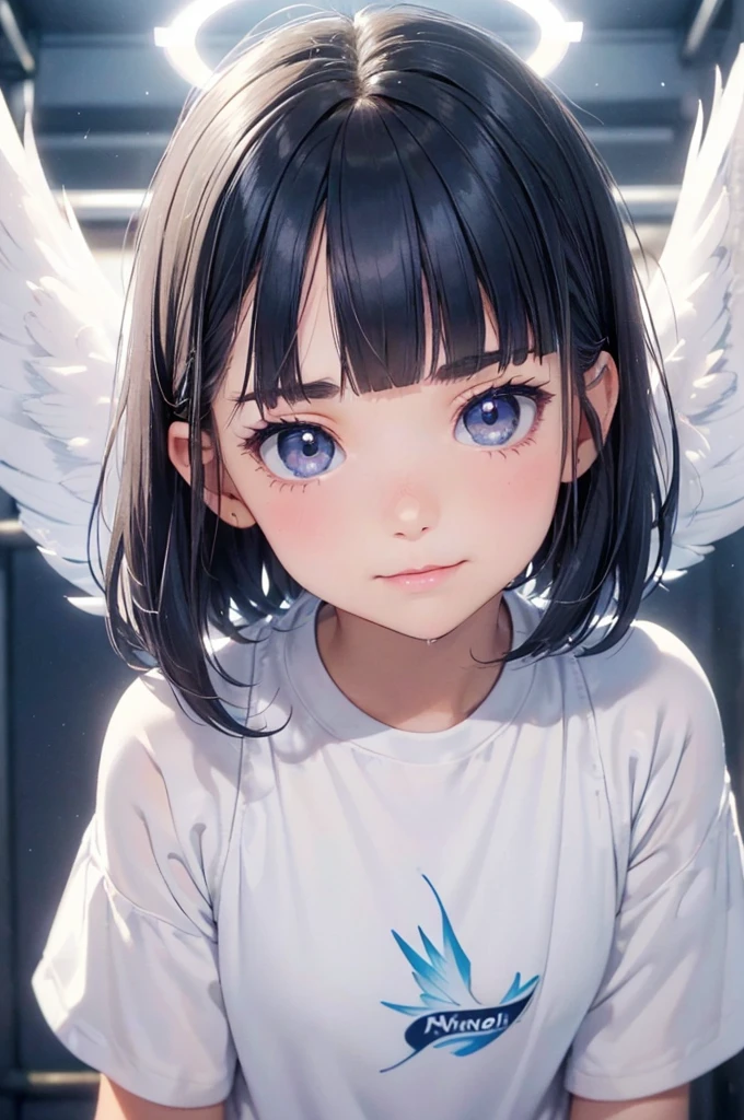 (angel girl,tween,wavy short hair,navy hair-color,beautiful detailed face,parallel eyebrows,navy eyes,
eyes with large irises,blunt bangs,small nose,small mouth, fresh lips,small chin,small breasts,5feet tall),((angel halo, white big wings)),smile,feathers flying,
baggy training wear,in Sports gyms,