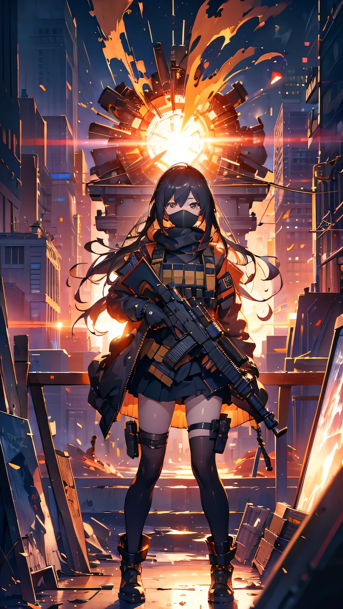 ((high quality)), ((masterpiece)), 8k, One girl, Bulletproof vest, light, Highly detailed CG Unity 8k wallpaper, Game CG,Perfect Eyes, Perfect Face, View your viewers, gloves, boots, whole body, clock, computer, mask, Drone, Have a weapon, Jacket, (Background Destroyed city , explosion , cigarette