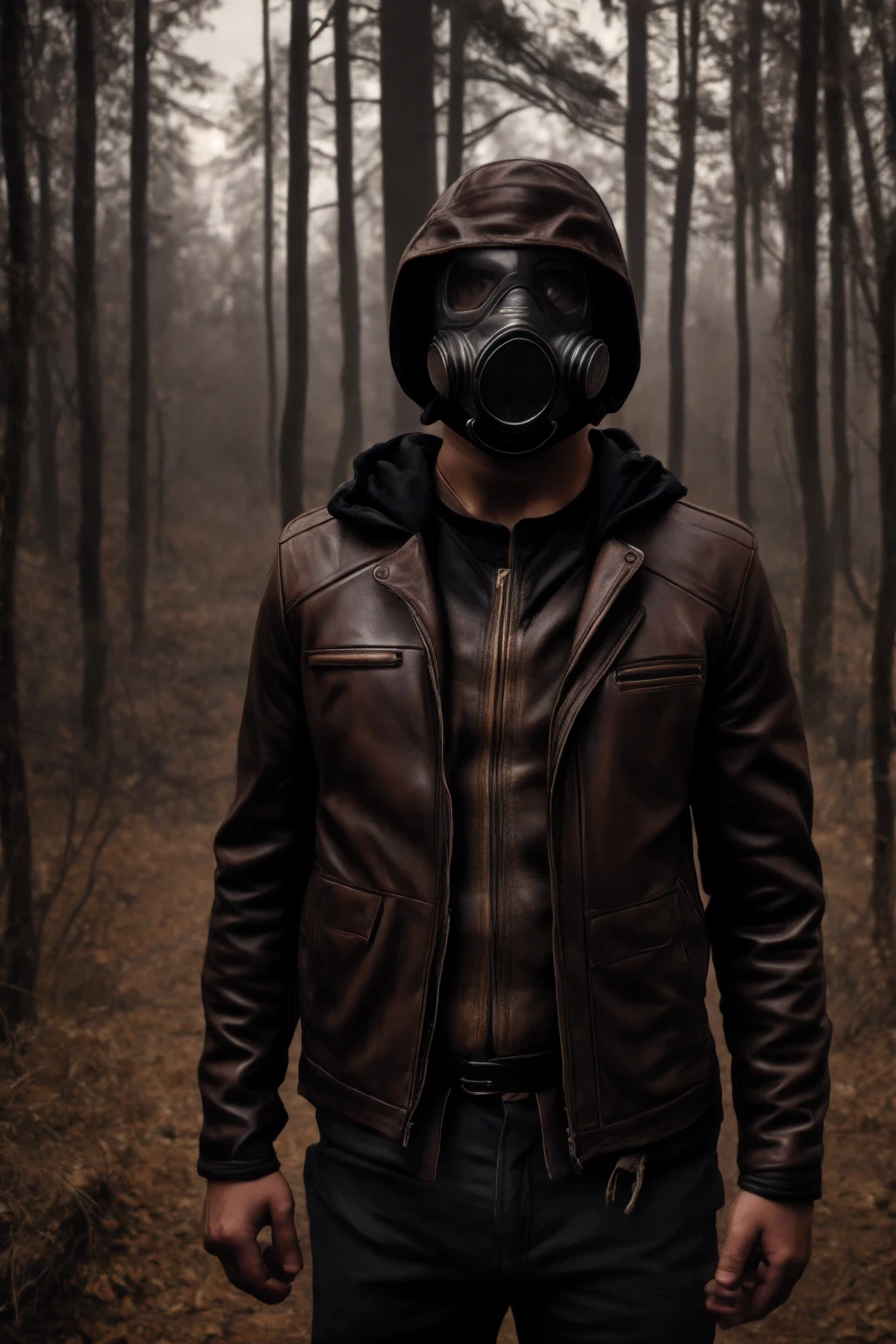 Best quality(8K), masterpiece, ultra-detailed, Demon in the guise of a guy in Soviet, leather gas mask , brown leather jacket and black hoodie , looks into the frame, behind there is a forest and an abandoned house, photography causes tension. perfect anatomy, All elements are combined with each other