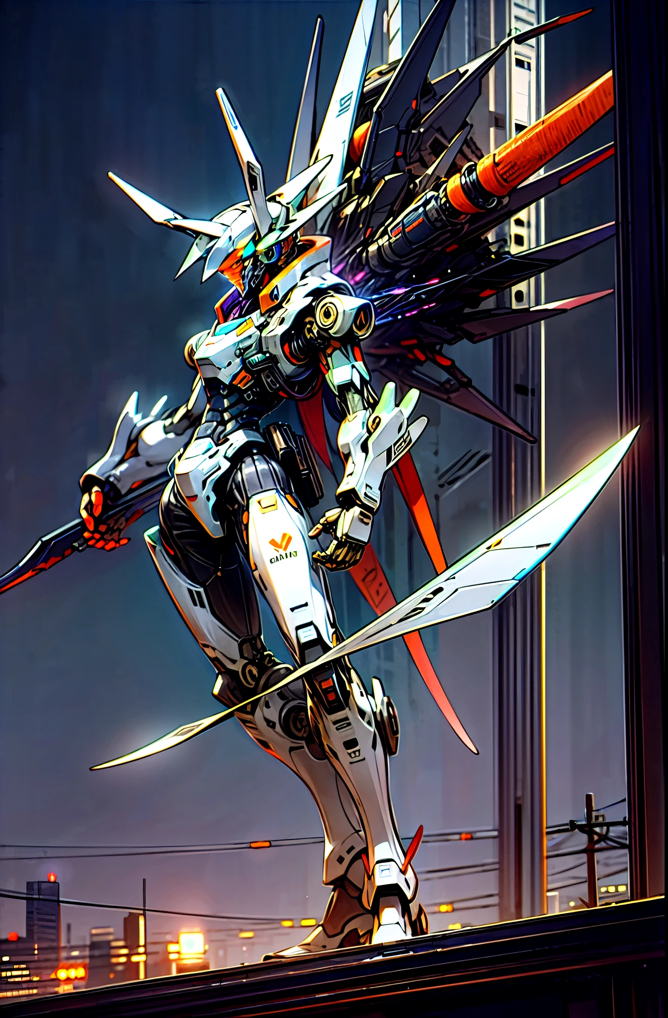 cyber punk,giant robot、Appeared in the night city、1 robot、cyber bunny、White body with purple accents、Armed with a carrot blade、hyper realistic、guardian,dark hero