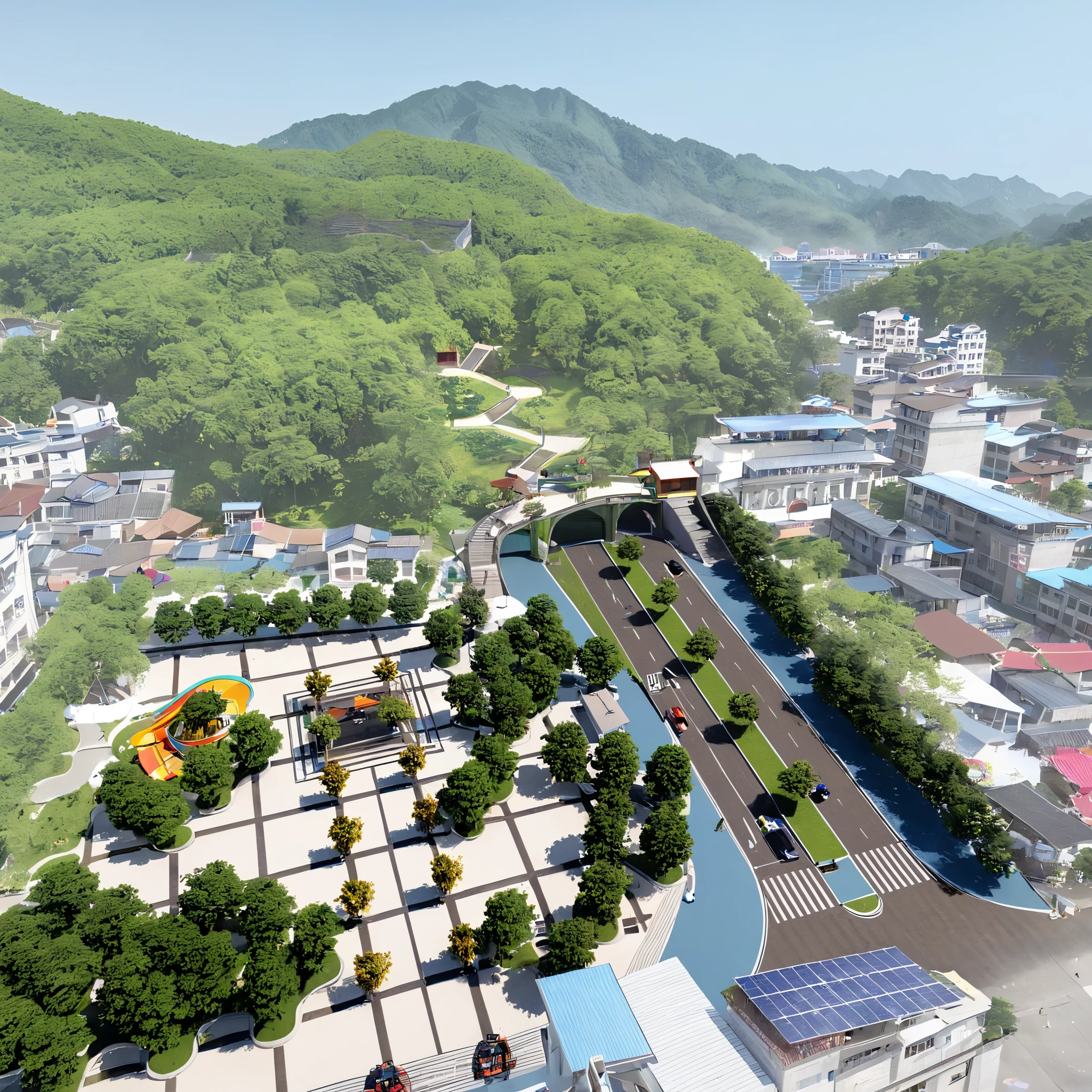 (masterpiece),(high quality),best quality,real,(realistic),Super detailed,(full details),(4k),8K, Aerial view of the city park in Wuyi Mountain, Fujian Province in continental China with solar panels on buildings, a playground for children, an open-air cinema under trees, green lawns, small bridges, flowing water streams, cars driving along roads, colorful street lights at night, surrounded by mountains. The image is in high resolution with hyperrealistic, photo realistic style using bright colors, captured from a wide angle lens with a bird's-eye perspective top-down view under natural lighting, resembling an architectural design concept map