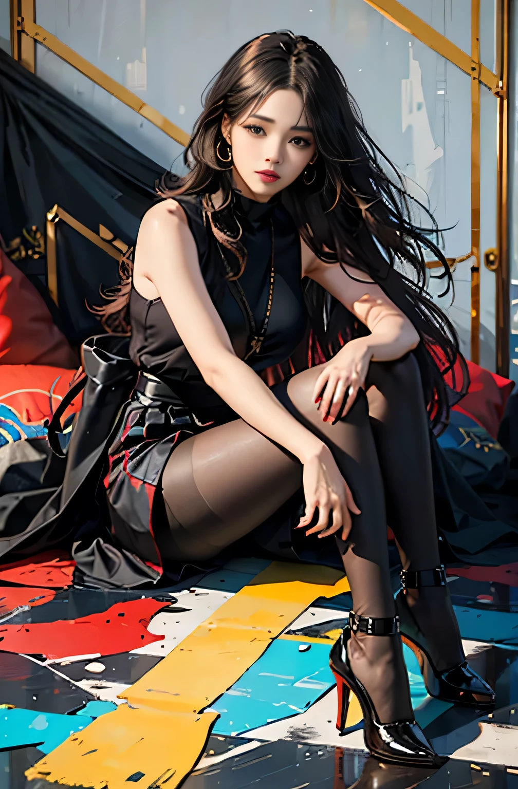 Dark brown eyes,Red thick lips、Long Curly Hair、1woman wearing trendy clothes, in an abstract oil painting style, fashion show, The painting is ultra-high detailed and has a resolution of 8k, showcasing the best quality and craftsmanship. The background is colorful, with a touch of fog, creating a mysterious atmosphere.the city that never sleeps、oilcolor Touch,(a woman:1.2), , luminous design, vivit colours,spring lights,Artistic,azure, red (black pantyhose:1.1), black high heels, black short skirt