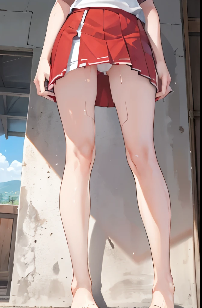 A Female robot is sleeping, spread legs, nude, banzai pose. she wears no dress. She Brown short hair is tied with two big red clothespins, She lifts up the under hem of her white plain dress, leaning over, masterpiece, very short pigtails,brown hair, mature, android, blue eyes, full body figure, Height: 160cm, flushed cheeks, 2020s anime picture, A beautiful robot with short brown hair in two short pigtails held up by two very large huge red clothespins, Uplifting, No NSFW, whole body, barefoot, archaic smile, getting orgasm, 25 years old, sweat bucket. short sleeve shirt, pleated skirt, beautiful scenery, evening, skirt lift, no panties, genitals visible, full body shot, sexy face. between mirrors, floating hair, looking away. She wears hot pants. She has broken hardly by enemy. She grabs her ass.