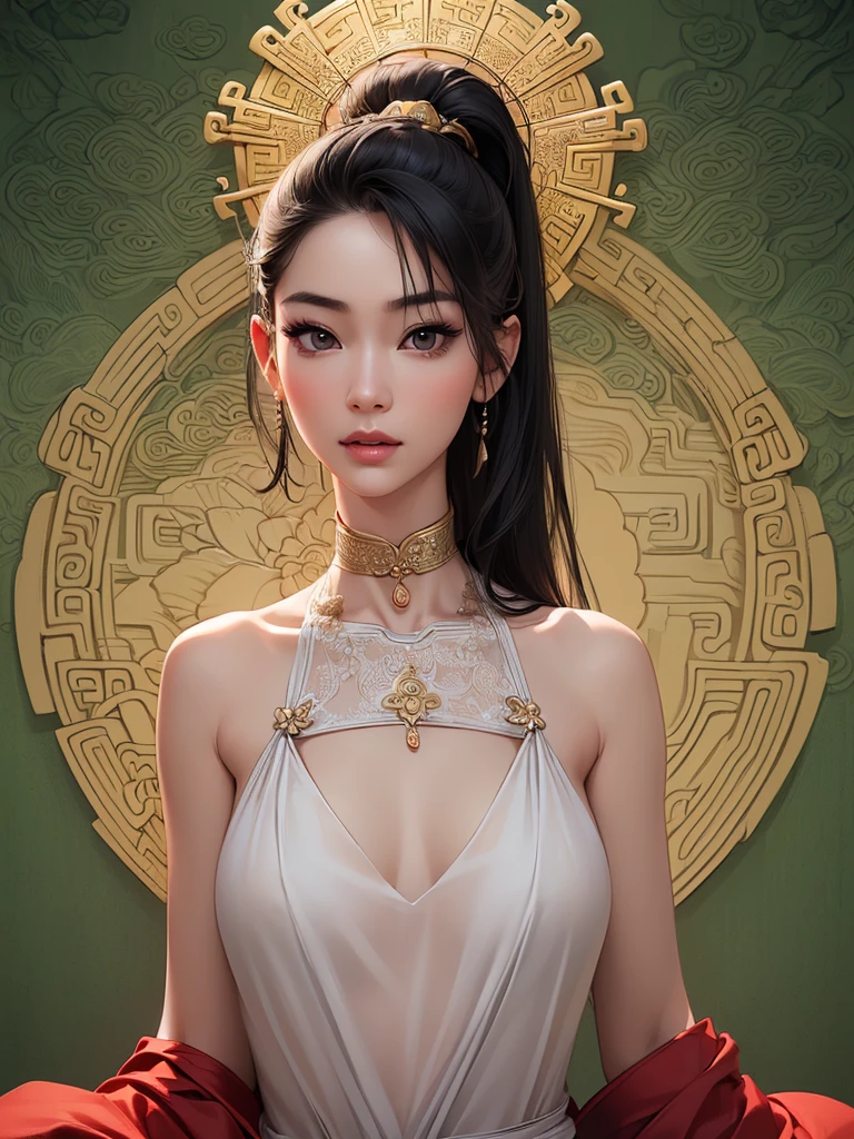 (best quality,ultra-detailed,realistic:1.37),(Korean:1.1)(beautiful detailed dress,adult,woman,detailed description),(beautiful detailed woman,beautiful Chinese background,exposed collarbone),(black eyes,natural eyes,realistic facial features,beautiful leg line),(sexy,full body photo,realistic body proportions,accurate eye ratio),(frontal photo,realistic and slender face)