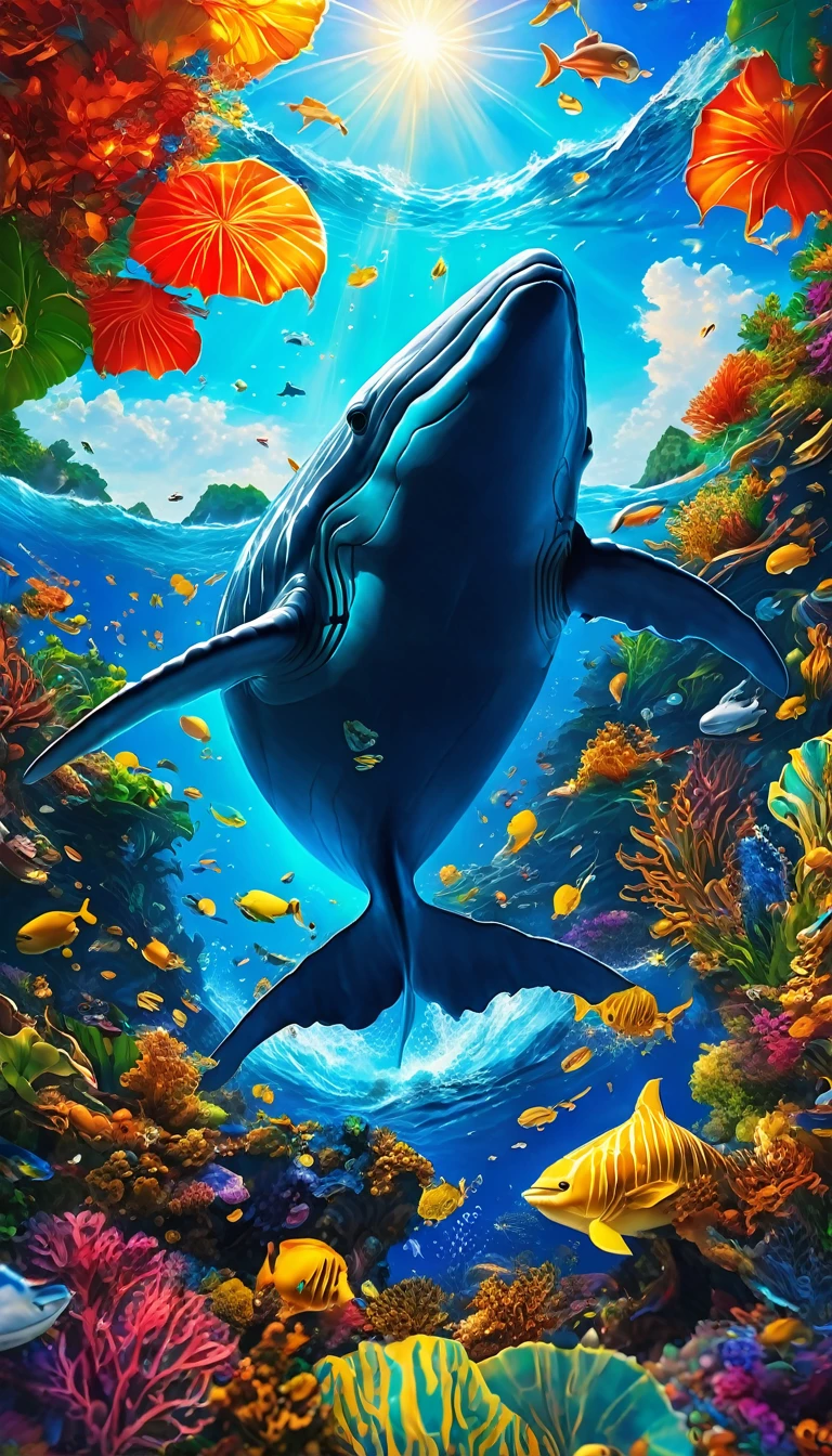 huge blue whale\(jump from the beautiful sea into the beautiful sky,dynamic pose\), BREAK ,background\(beautiful sea,clear sea,beautiful sky,beautiful island,beatiful sunlight\),quality\(8k,wallpaper of extremely detailed CG unit, ​masterpiece,hight resolution,top-quality,top-quality real texture skin,hyper realisitic,increase the resolution,RAW photos,best qualtiy,highly detailed,the wallpaper,cinematic lighting,ray trace,golden ratio\),(dynamic angle),award-winning,(close up whale),motion blur,dynamic angle,flom below