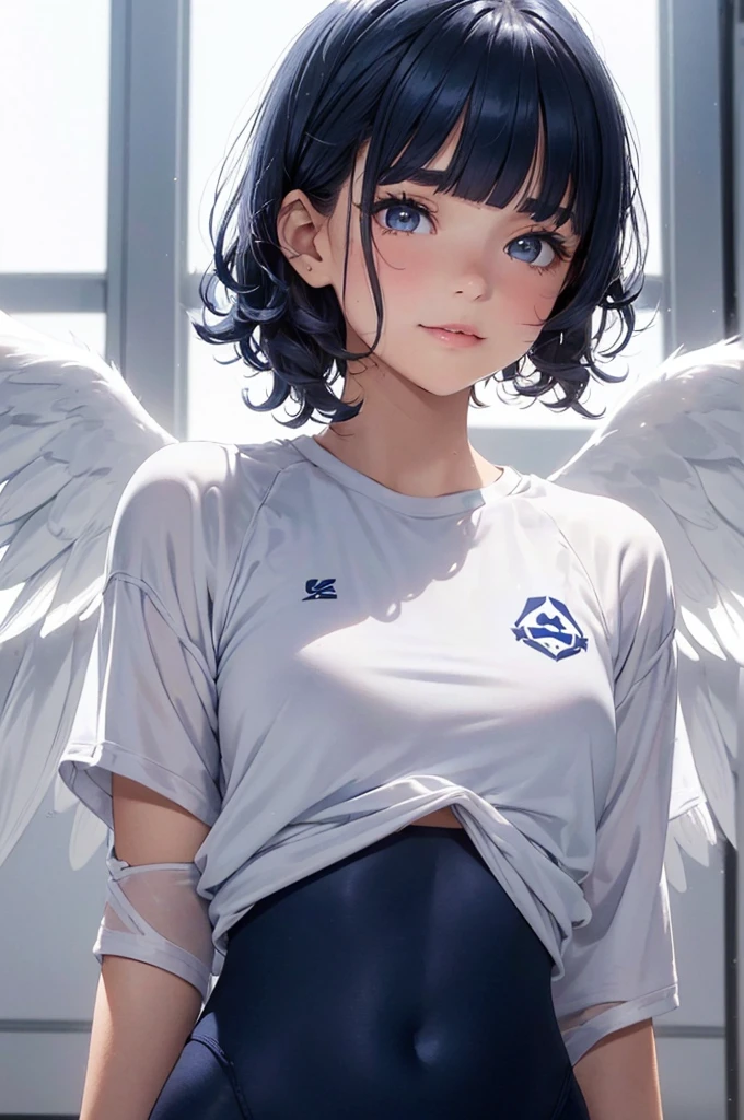 (angel girl,13yo,wavy short hair,navy hair-color,beautiful detailed face,parallel eyebrows,navy eyes,
eyes with large irises,blunt bangs,small nose,small mouth, fresh lips,small chin,small breasts,5feet tall),((angel halo, white big wings)),smile,
baggy training wear,in Sports gyms, 