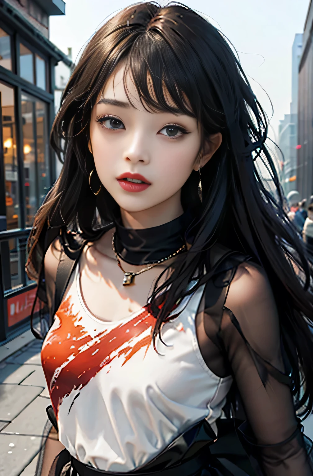 Dark brown eyes,Red thick lips、Long Curly Hair、1woman wearing trendy clothes, in an abstract oil painting style, fashion show, The painting is ultra-high detailed and has a resolution of 8k, showcasing the best quality and craftsmanship. The background is colorful, with a touch of fog, creating a mysterious atmosphere.the city that never sleeps、oilcolor Touch,(a woman:1.2), , luminous design, vivit colours,spring lights,Artistic,azure, red (black pantyhose:1.1), black high heels, black short skirt