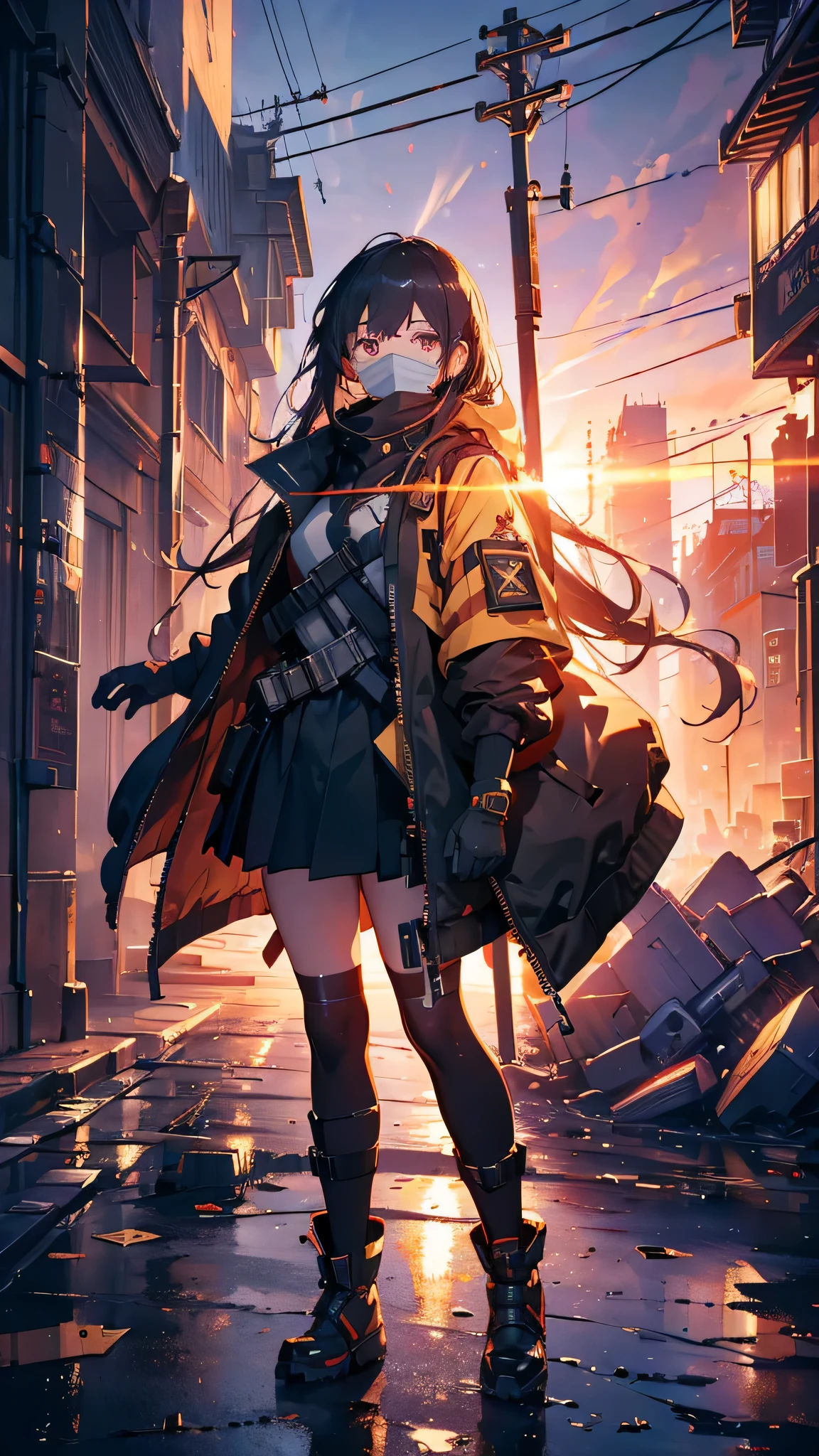 ((high quality)), ((masterpiece)), 8k, One girl, Bulletproof vest, light, Highly detailed CG Unity 8k wallpaper, Game CG,Detailed eyes, Detailed face, View your viewers, gloves, boots, whole body, clock, computer, mask, Drone, Have a weapon, Jacket, (Background Destroyed city , explosion , cigarette
