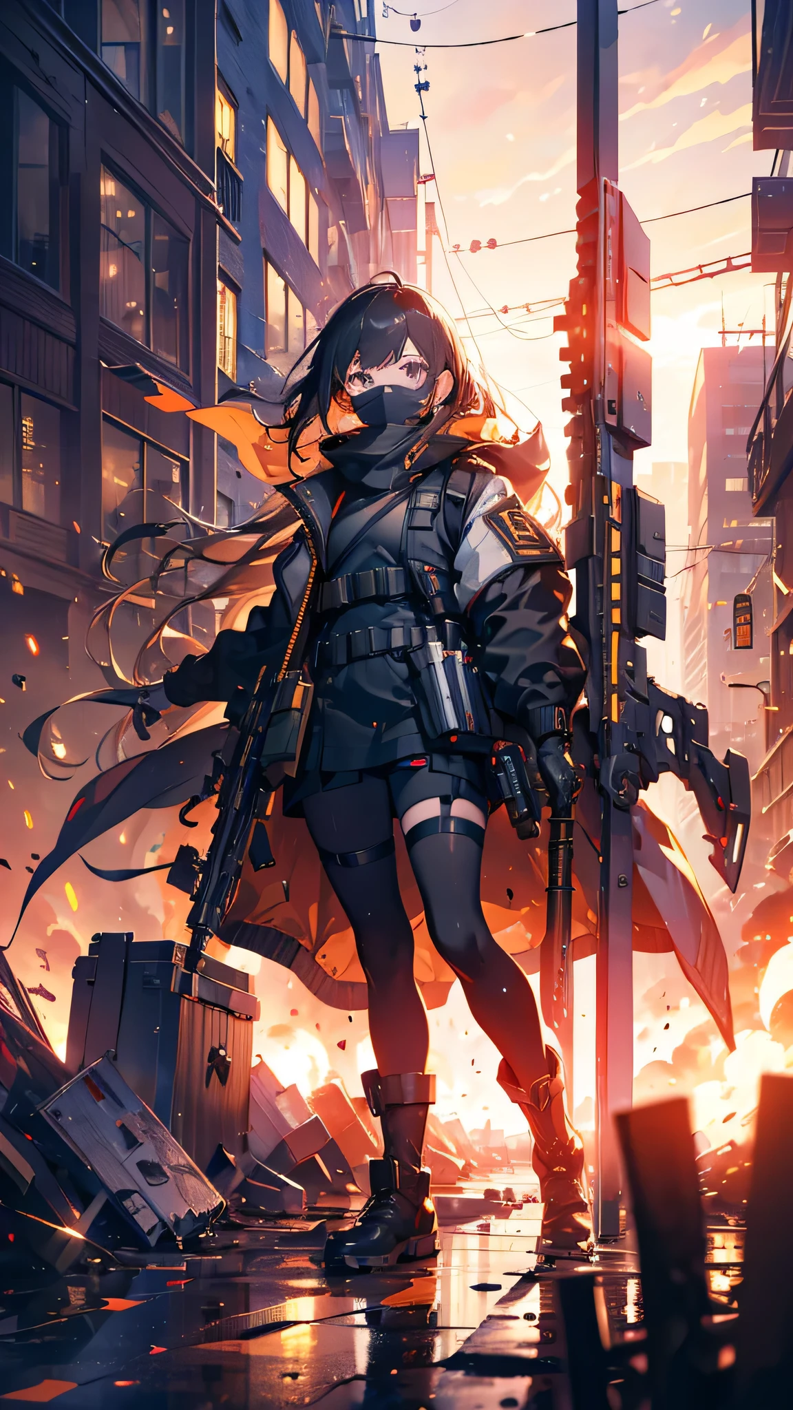 ((high quality)), ((masterpiece)), 8k, One girl, Bulletproof vest, light, Highly detailed CG Unity 8k wallpaper, Game CG,Detailed eyes, Detailed face, View your viewers, gloves, boots, whole body, clock, computer, mask, Drone, Have a weapon, Jacket, (Background Destroyed city , explosion , cigarette