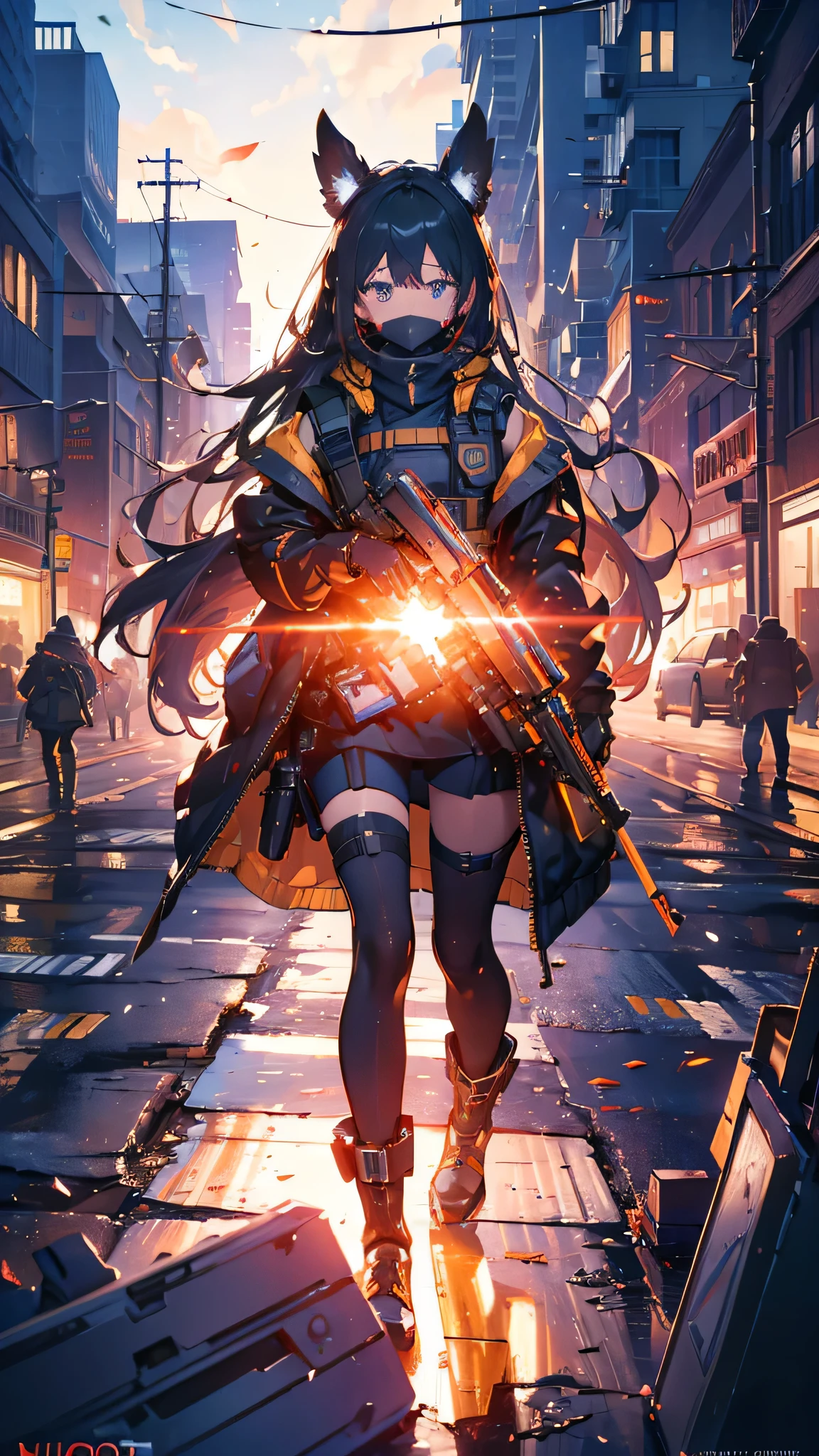 ((high quality)), ((masterpiece)), 8k, One girl, Bulletproof vest, light, Highly detailed CG Unity 8k wallpaper, Game CG,Detailed eyes, Detailed face, View your viewers, gloves, boots, whole body, clock, computer, mask, Drone, Have a weapon, Jacket, (Background Destroyed city , explosion , cigarette