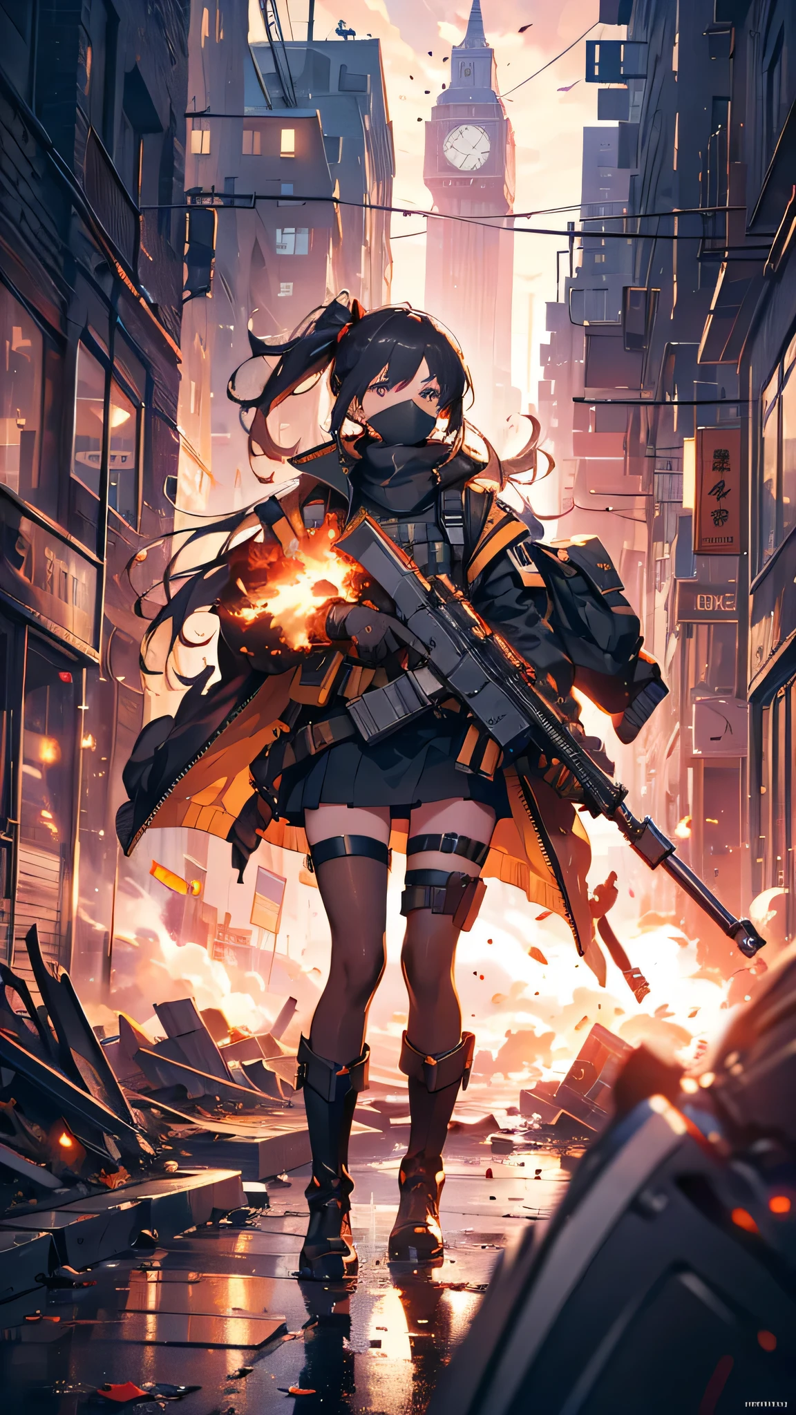 ((high quality)), ((masterpiece)), 8k, One girl, Bulletproof vest, light, Highly detailed CG Unity 8k wallpaper, Game CG,Detailed eyes, Detailed face, View your viewers, gloves, boots, whole body, clock, computer, mask, Drone, Have a weapon, Jacket, (Background Destroyed city , explosion , cigarette