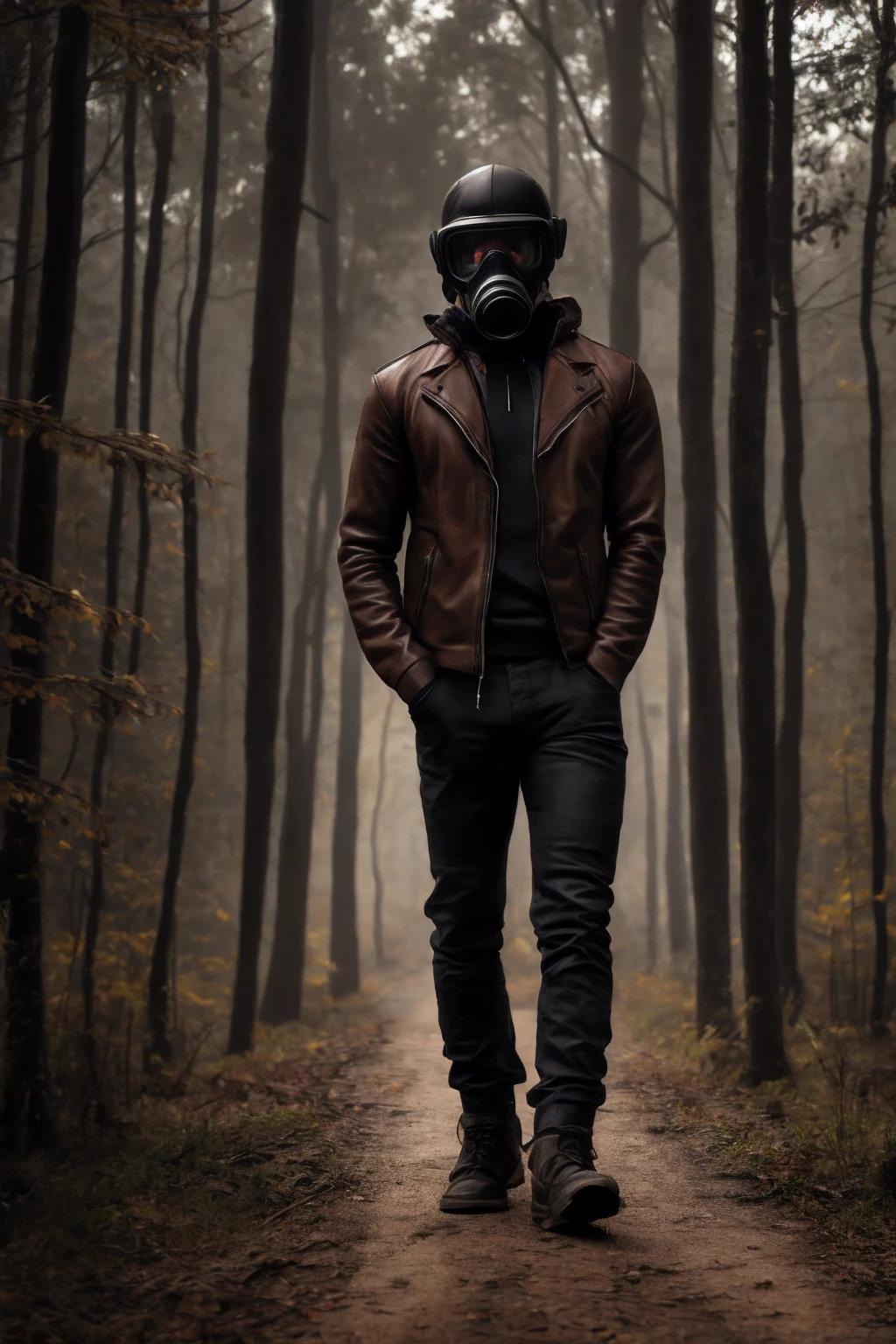 Best quality(8K), masterpiece, ultra-detailed, Demon in Civilian Gas Mask GP-5 , brown leather jacket and black hoodie , looks menacingly into the frame, exudes tension and fear, behind there is a forest and an abandoned house, photography causes tension. perfect anatomy, All elements are combined with each other