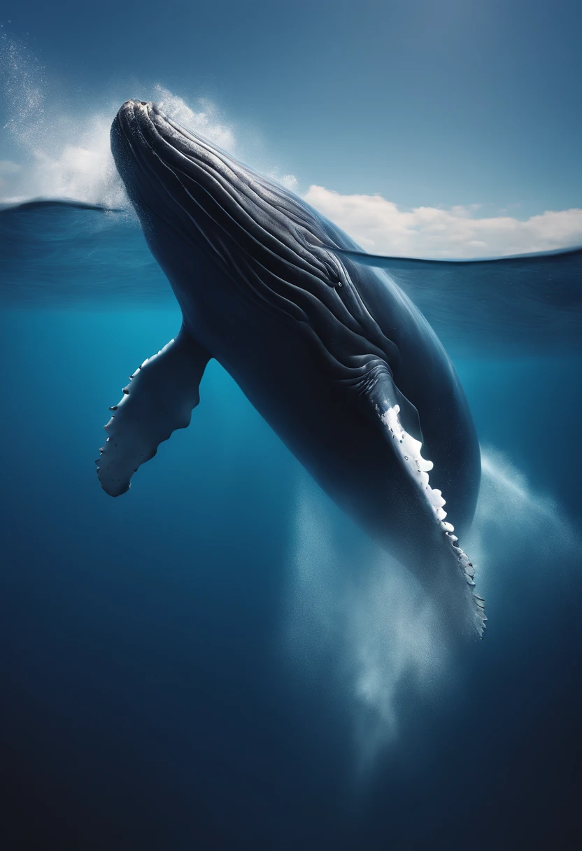 1blue whale\(huge,jump from the beautiful sea into the beautiful sky,dynamic pose\), BREAK ,background\(beautiful sea,clear sea,beautiful sky,beautiful island,beatiful sunlight\),quality\(8k,wallpaper of extremely detailed CG unit, ​masterpiece,hight resolution,top-quality,top-quality real texture skin,hyper realisitic,increase the resolution,RAW photos,best qualtiy,highly detailed,the wallpaper,cinematic lighting,ray trace,golden ratio\),(dynamic angle),award-winning,(close up whale),motion blur,dynamic angle,(from below)