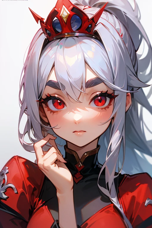 (highest quality, masterpiece:1.2), High resolution, Very detailed, Realistic:1.37, Fantasy, An illustration, Hair is whiteいです、Red eyes、Queen, Red dress.Platinum decoration、beautifully、Eyeshadow Red、Thick eyebrows、Long eyelashes、pupils are black、Hair is whiteい、Kissing Face、Embarrassing、Loved、ponytail、Hair is white、very cute、Shoulder Bare、platinum tiara、Beautiful hair ornaments、