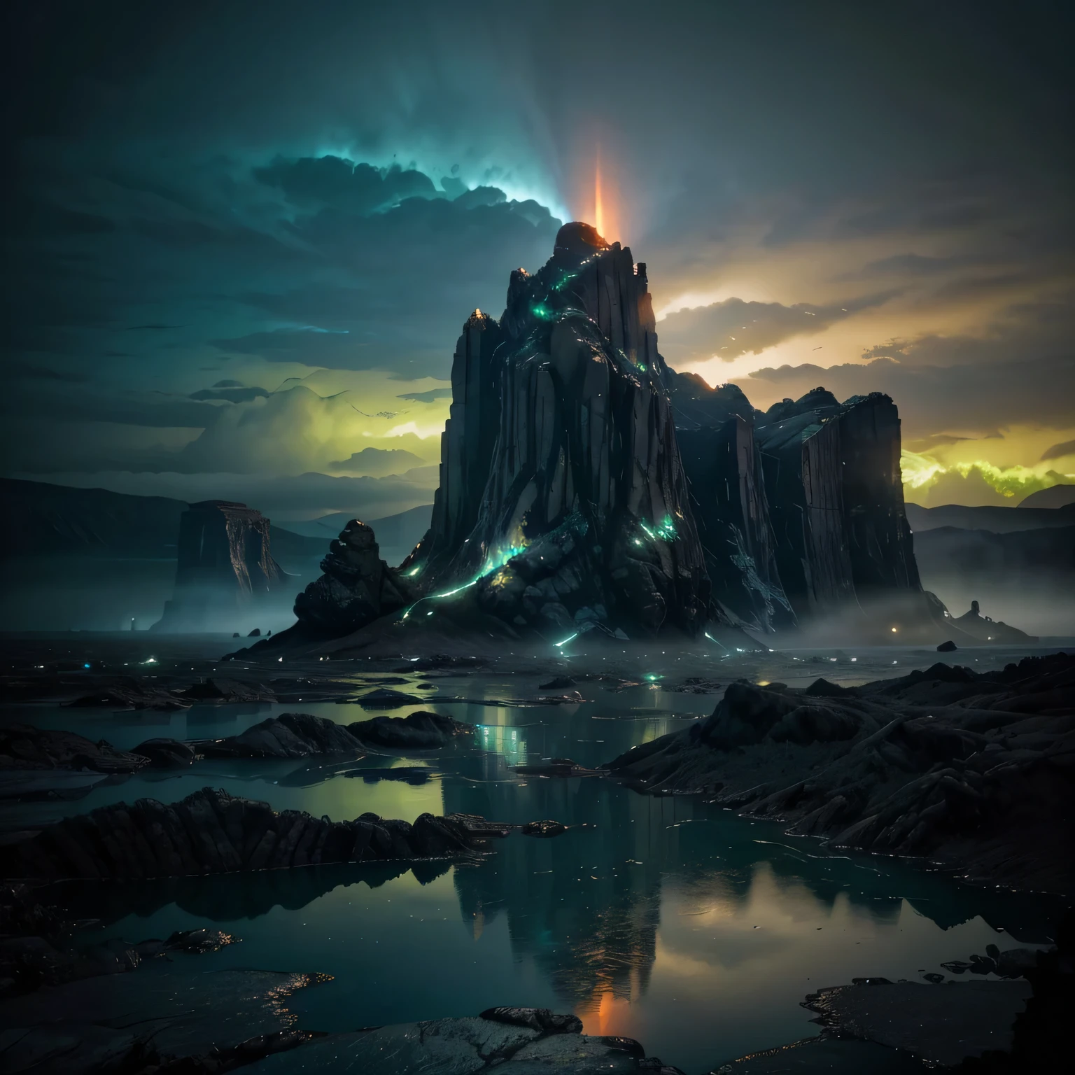 Create a landscape of an unknown, strange, and unique planet that inspires awe and fear. This alien planet, named Xylaris, orbits a dying star and is characterized by its eerie, otherworldly beauty. The ground is covered in dark, crystalline formations that emit a faint, phosphorescent glow, creating an unsettling, ghostly ambiance. These crystals are composed of an unknown element that reacts violently to any organic matter, causing them to sizzle and vaporize upon contact.
The sky is a perpetual twilight, painted with swirling, iridescent clouds of toxic gases that shimmer in hues of deep purple, sickly green, and blood-red. These clouds occasionally discharge bolts of electric-blue lightning, illuminating the jagged, rocky landscape below. Towering, twisted spires of black rock, resembling petrified trees, dominate the horizon, their surfaces etched with glowing, ancient runes that pulse with a dark energy.
Strange, bioluminescent flora grows amidst the rocky terrain, their twisted vines and tendrils writhing as if alive. These plants exude a thick, acidic sap that can dissolve metal, and their blossoms emit a haunting, melodic hum that echoes through the desolate valleys. In the distance, massive, ominous structures rise from the ground, resembling alien temples or fortresses, constructed from a dark, metallic alloy that seems to absorb all light.
The planet's surface is dotted with pools of a viscous, luminescent liquid that emits a noxious vapor, creating an oppressive, toxic atmosphere. These pools are inhabited by shadowy, amorphous creatures that occasionally rise to the surface, their glowing eyes peering through the thick mist, adding to the planet's eerie and hostile environment. Massive, jagged mountains loom in the background, their peaks shrouded in perpetual storm clouds that crackle with dark energy.