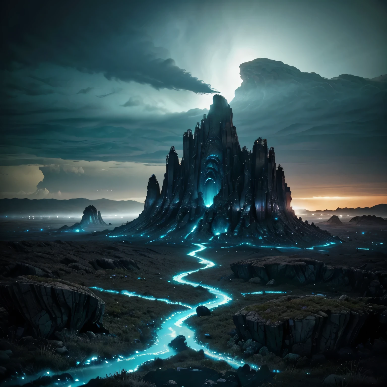 Create a landscape of an unknown, strange, and unique planet that inspires awe and fear. This alien planet, named Xylaris, orbits a dying star and is characterized by its eerie, otherworldly beauty. The ground is covered in dark, crystalline formations that emit a faint, phosphorescent glow, creating an unsettling, ghostly ambiance. These crystals are composed of an unknown element that reacts violently to any organic matter, causing them to sizzle and vaporize upon contact.
The sky is a perpetual twilight, painted with swirling, iridescent clouds of toxic gases that shimmer in hues of deep purple, sickly green, and blood-red. These clouds occasionally discharge bolts of electric-blue lightning, illuminating the jagged, rocky landscape below. Towering, twisted spires of black rock, resembling petrified trees, dominate the horizon, their surfaces etched with glowing, ancient runes that pulse with a dark energy.
Strange, bioluminescent flora grows amidst the rocky terrain, their twisted vines and tendrils writhing as if alive. These plants exude a thick, acidic sap that can dissolve metal, and their blossoms emit a haunting, melodic hum that echoes through the desolate valleys. In the distance, massive, ominous structures rise from the ground, resembling alien temples or fortresses, constructed from a dark, metallic alloy that seems to absorb all light.
The planet's surface is dotted with pools of a viscous, luminescent liquid that emits a noxious vapor, creating an oppressive, toxic atmosphere. These pools are inhabited by shadowy, amorphous creatures that occasionally rise to the surface, their glowing eyes peering through the thick mist, adding to the planet's eerie and hostile environment. Massive, jagged mountains loom in the background, their peaks shrouded in perpetual storm clouds that crackle with dark energy.
