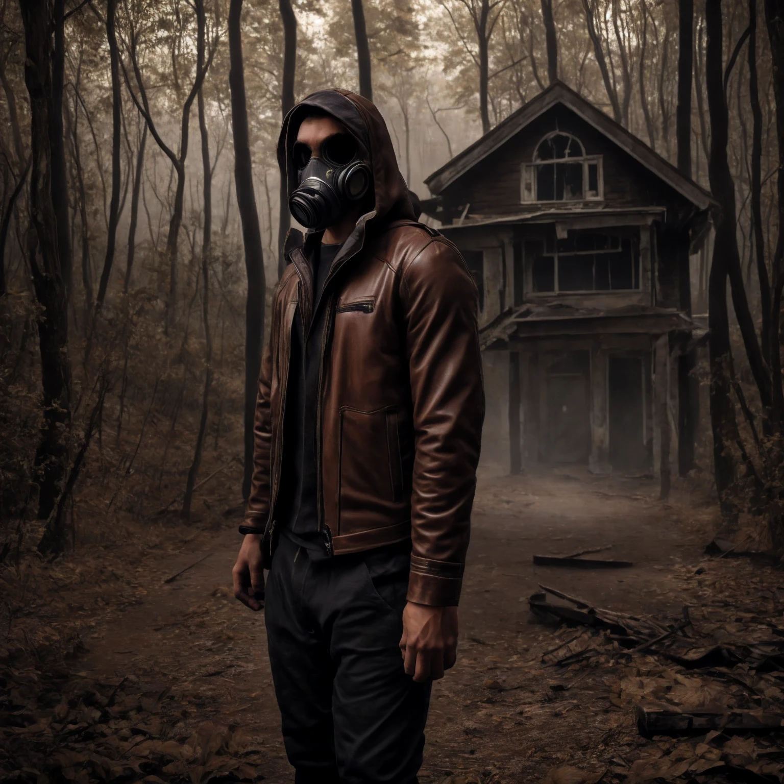 Best quality(8K), masterpiece, ultra-detailed, Demon in Civilian Gas Mask GP-5 , brown leather jacket and black hoodie , looks menacingly into the frame, exudes tension and fear, behind there is a forest and an abandoned house, photography causes tension. perfect anatomy, All elements are combined with each other