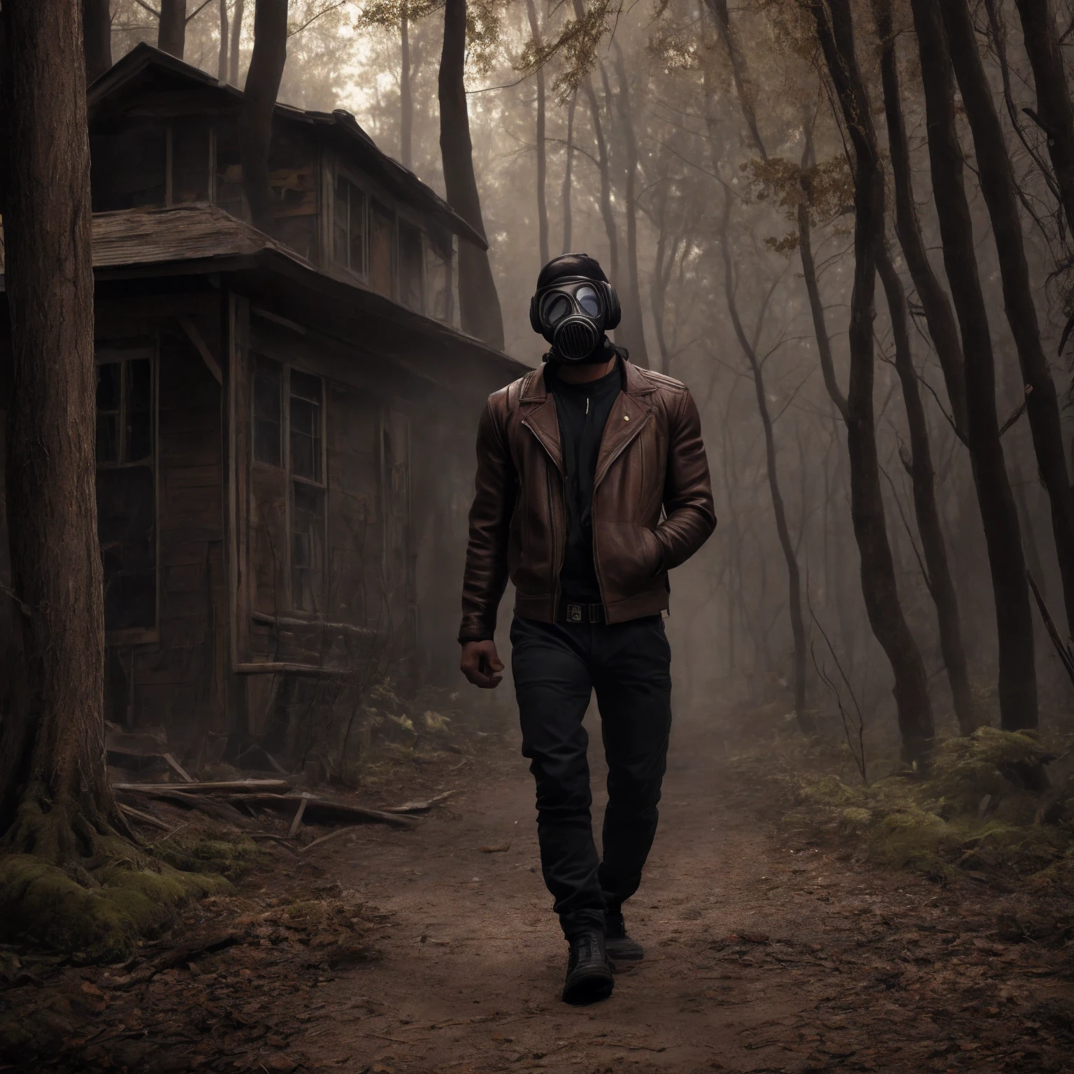 Best quality(8K), masterpiece, ultra-detailed, Demon in Civilian Gas Mask GP-5 , brown leather jacket and black hoodie , looks menacingly into the frame, exudes tension and fear, behind there is a forest and an abandoned house, photography causes tension. perfect anatomy, All elements are combined with each other