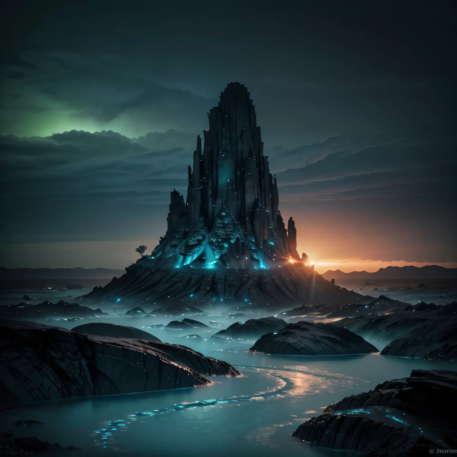 Create a landscape of an unknown, strange, and unique planet that inspires awe and fear. This alien planet, named Xylaris, orbits a dying star and is characterized by its eerie, otherworldly beauty. The ground is covered in dark, crystalline formations that emit a faint, phosphorescent glow, creating an unsettling, ghostly ambiance. These crystals are composed of an unknown element that reacts violently to any organic matter, causing them to sizzle and vaporize upon contact. The sky is a perpetual twilight, painted with swirling, iridescent clouds of toxic gases that shimmer in hues of deep purple, sickly green, and blood-red. These clouds occasionally discharge bolts of electric-blue lightning, illuminating the jagged, rocky landscape below. Towering, twisted spires of black rock, resembling petrified trees, dominate the horizon, their surfaces etched with glowing, ancient runes that pulse with a dark energy. Strange, bioluminescent flora grows amidst the rocky terrain, their twisted vines and tendrils writhing as if alive. These plants exude a thick, acidic sap that can dissolve metal, and their blossoms emit a haunting, melodic hum that echoes through the desolate valleys. In the distance, massive, ominous structures rise from the ground, resembling alien temples or fortresses, constructed from a dark, metallic alloy that seems to absorb all light. The planet's surface is dotted with pools of a viscous, luminescent liquid that emits a noxious vapor, creating an oppressive, toxic atmosphere. These pools are inhabited by shadowy, amorphous creatures that occasionally rise to the surface, their glowing eyes peering through the thick mist, adding to the planet's eerie and hostile environment. Massive, jagged mountains loom in the background, their peaks shrouded in perpetual storm clouds that crackle with dark energy.