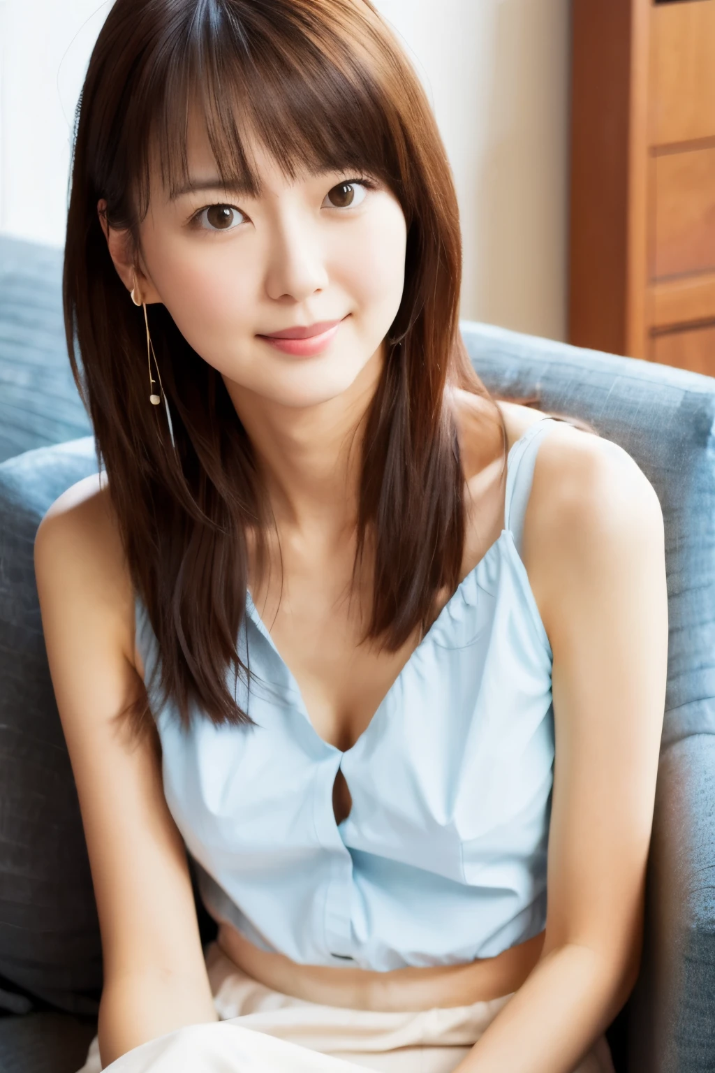 Masterpiece, High quality, high resolution, Skinny Japanese woman, 30 years old, cute face, ((detailed face, detailed eyes)), small breasts, very thin waist, slender legs, dayoff, relaxing at living room