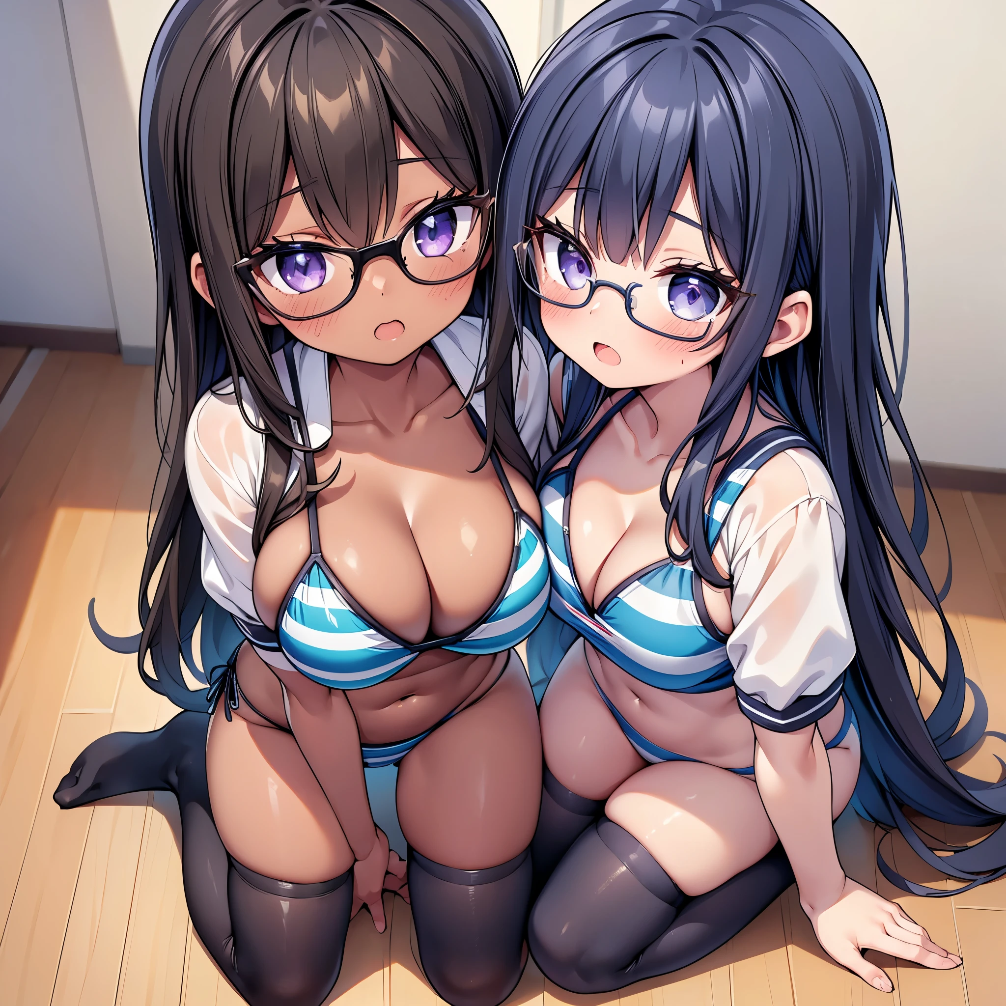 ultra-detailliert, Best Quality, High resolution, ((Two cute  girls with dark hair))、Pretty eyes、Detailed eye depiction、Looking at Viewer, pale skin、（swim wears）、（I'm not wearing panties）、(flat chest), (Glasses), (blush:1.2),（big eye：1.5）, An embarrassed smile, NSFW,　the beach、Focus on the face、Long hair,　sitting with  spreading legs、