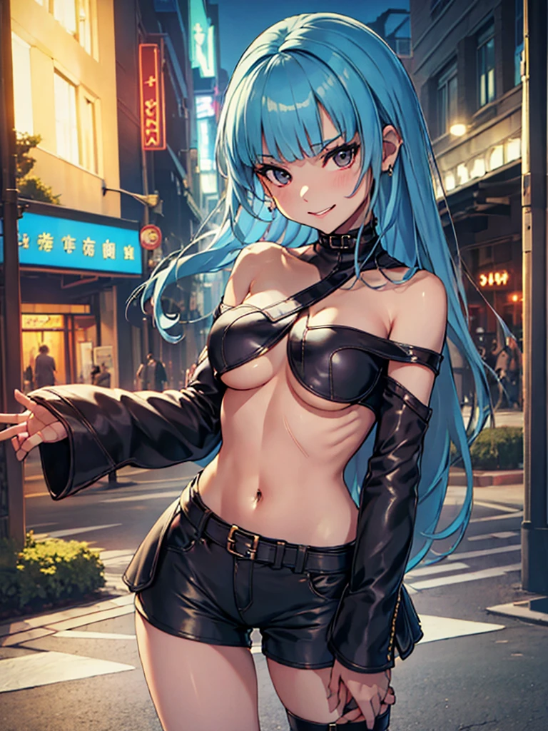 (masterpiece、top-quality、hight resolution)、Prostitute、off-shoulder shirt、short shorts、((Sexual Attraction、underboob))、night、downtown、nsfw、evil grin、small bag、、Hands in pockets