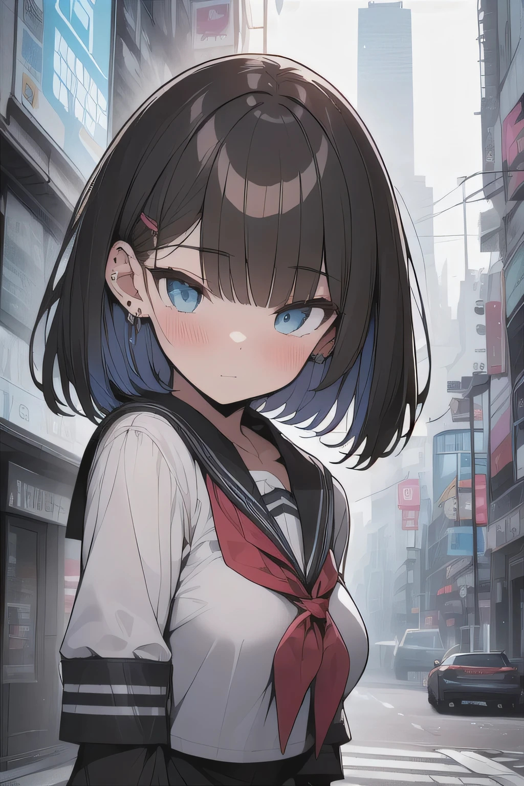 (best quality), (Super detailed), (Best Illustration), (masterpiece), (cartoon), (bold line), (lineart), insane detail, score_9, score_8_up, score_7_up, 4k, (ager), (cute girl), solo, (serafuku), (large breasts:1.2), {brown hair, (sideburns), (bob cut:1.3), curly hair, hairs between eyes, colored inner hair}, {(detailed eyes), blue eyes}, blush, earring, (outside),{{cyberpunk city}},Sights in the City,Chaotic, fluorescent, mechanical city, futuristic,