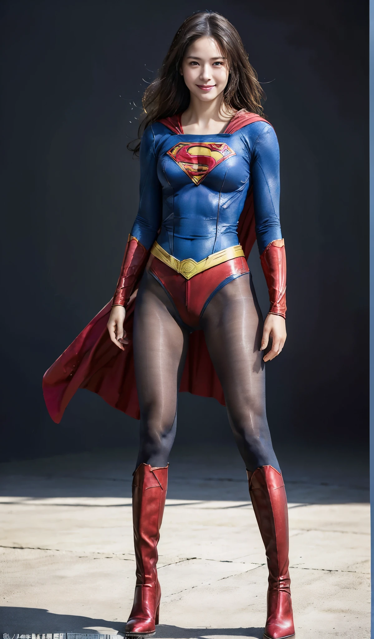 No background、(((Beautiful legs in black tights.)))、(((Legally express the beauty of your smile)))、((((Make the most of your original images)))、(((Supergirl Costume)))、(((Beautiful Hair)))、(((suffering)))、(((Please wear black tights....、Wear red boots)))、((Best image quality、8k))、((highest quality、8k、masterpiece:1.3))、(((Preserve background )))、Sharp focus:1.2、Beautiful woman with perfect figure:1.4、Slim Abs:1.2、Wet body:1.5、Highly detailed face and skin texture、8k