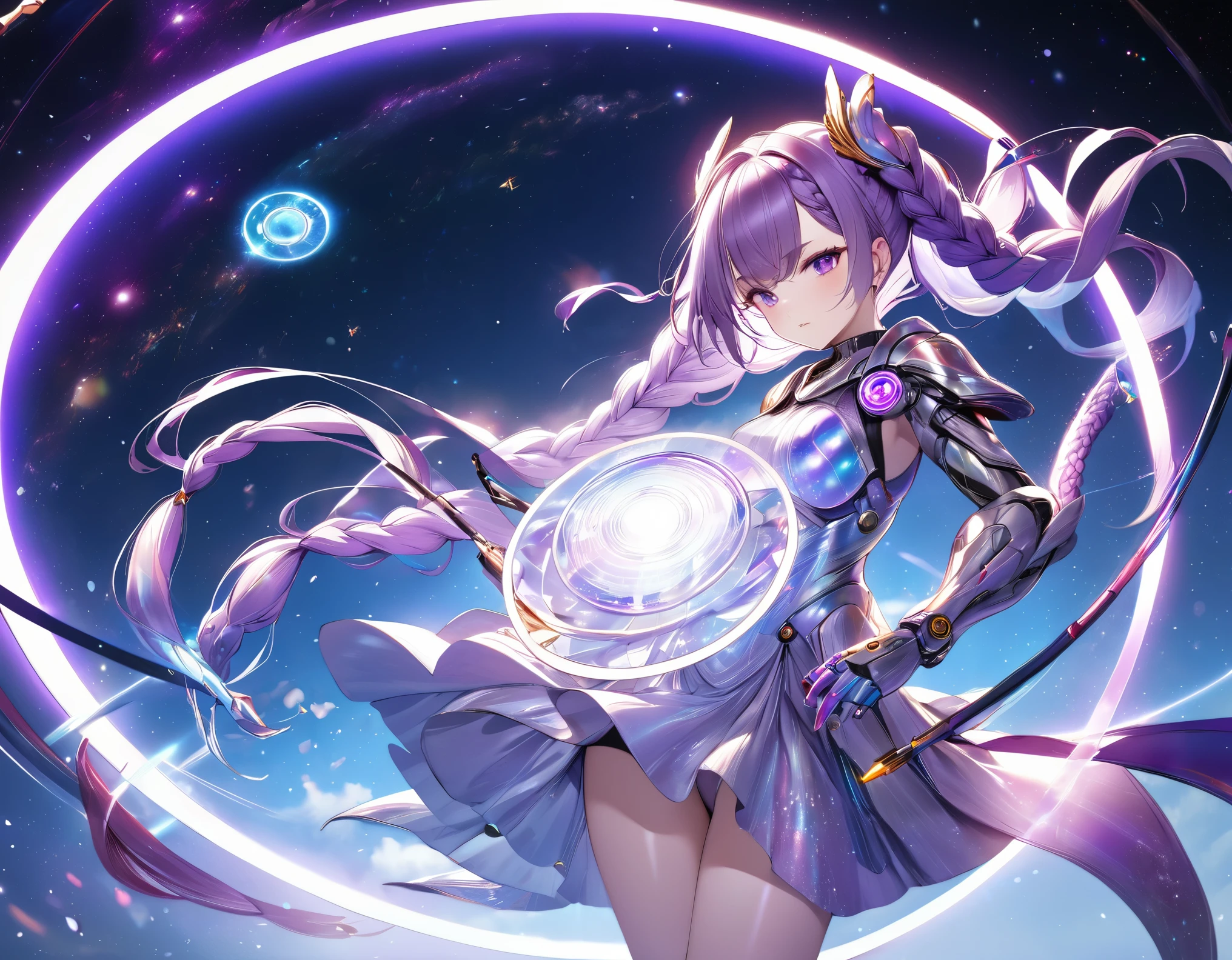 best quality, super fine, 16k, incredibly absurdres, extremely detailed, delicate and dynamic, a cool and beautiful pretty female cyber warrior who fights with a gigantic beautiful transparent and translucent shining goddess, her hair gradating from white to purple as it goes to the tips, with long braided low twintails, iridescent magic circle, background space galaxy far away