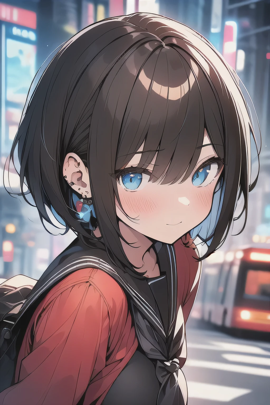 (best quality), (Super detailed), (Best Illustration), (masterpiece), (cartoon), (bold line), (lineart), insane detail, score_9, score_8_up, score_7_up, 4k, (ager), (cute girl), solo, (serafuku), (large breasts:1.2), {brown hair, (sideburns), (bob cut:1.3), curly hair, hairs between eyes, colored inner hair}, {(detailed eyes), blue eyes}, blush, earring, (outside),{{cyberpunk city}},Sights in the City,Chaotic, fluorescent, mechanical city, futuristic,