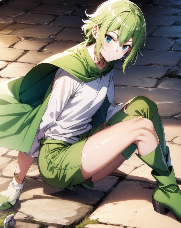 highest quality, Tabletop, 超A high resolution, Ryu Lion, Green shorts, Green Boots, White shirt, Green Cape