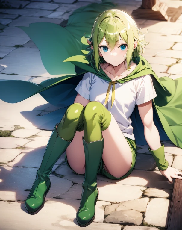 highest quality, Tabletop, 超A high resolution, Ryu Lion, Green shorts, Green Boots, White shirt, Green Cape