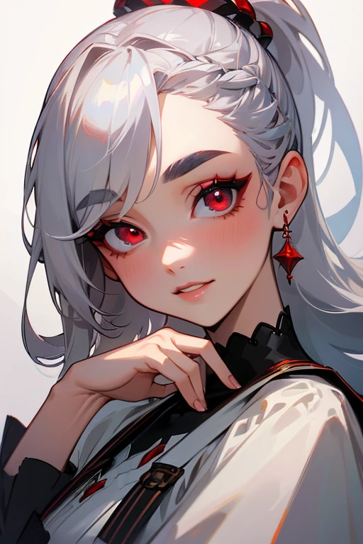 (highest quality, masterpiece:1.2), High resolution, 最高masterpiece、Very detailed, Realistic:1.37, Fantasy, An illustration,Gray Hair、 Red eyes、Queen, White Dress、Platinum decoration、beautifully、Eyeshadow Red、Thick eyebrows、Long eyelashes、pupils are black、shiny on the lips、Top Sites、Queen、Princess、ponytail、A kind smile、Show your teeth a little and smile、Soft impression、people々々々々々々Loved by、Slimming the face、Shoulder Bare、sexy、learn more、Braiding、Kissing Face、Luxurious and beautiful hair ornament、