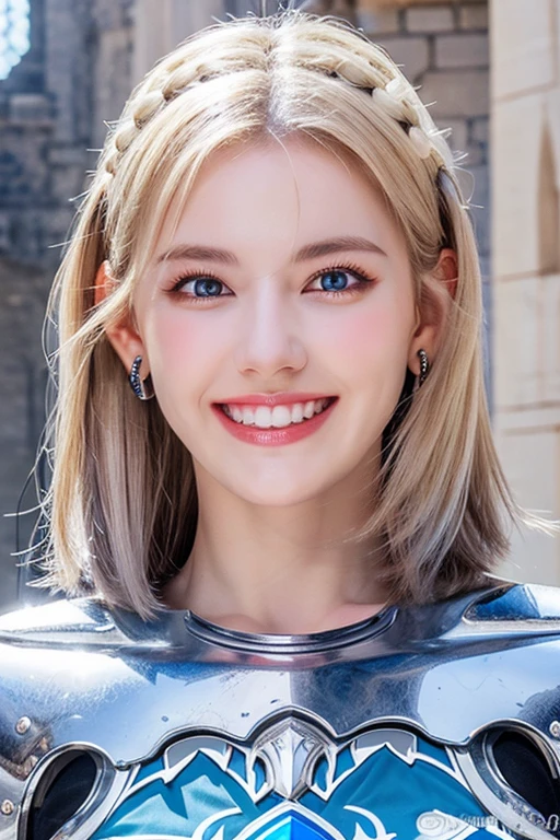８Ｋ、highest quality、female knight、Luxurious Silver Armor、、hairstyle short cut、smile、beautiful teeth、full body photo、ear piercing、blonde、white woman、blue eyes、heavy makeup、The background is the interior of the castle...

