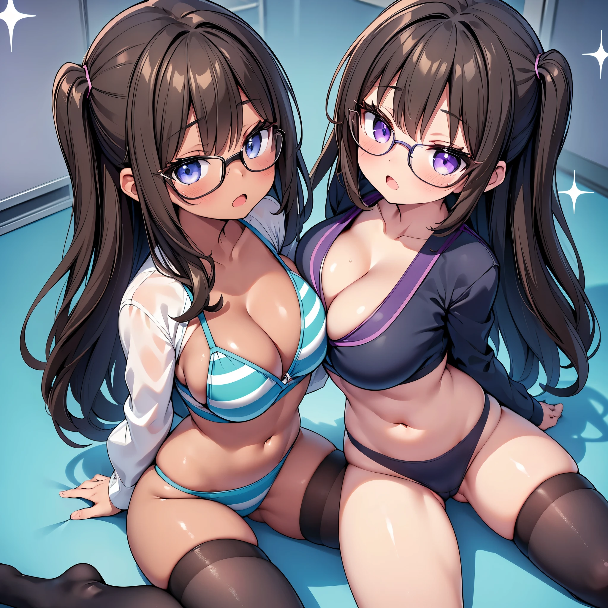 (cute eyes:1.2), (sparkling eyes:1.2), (8K、Best image quality、highest quality、masterpiece)、Detailed face、(2 girls, (Brown Skin:1.3))、Improve、(Black Hair, Purple Eyes, Glasses, long hair)、(open mouth), (embarrassed), (skinny body:1.3),(huge breast), (Light blue striped micro bikini:1.1), (symmetrical docking:1.2), (spread legs:1.3), (cleavage), (crop top navel), Classroom Background, (black stockings:1.1), (Thighs:1.1), (Waistline:1.1),(close-up shot of bust), (from above:1.2)