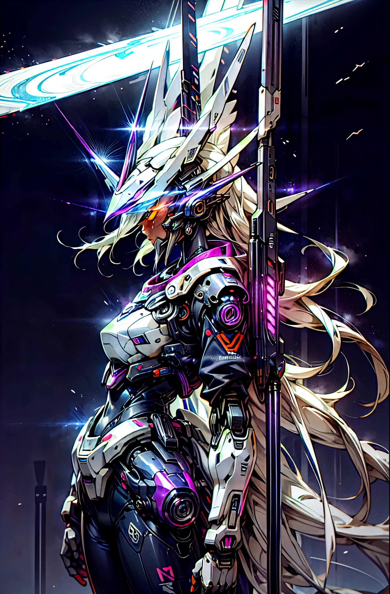 cyber punk,giant robot、Appeared in the night city、1 robot、cyber bunny、White body with purple accents、Armed with a carrot blade、hyper realistic、guardian,dark hero