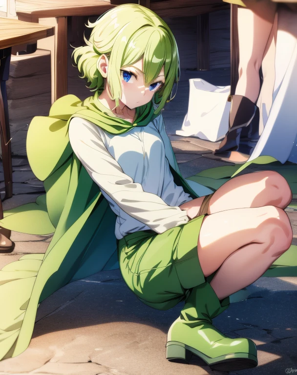 highest quality, Tabletop, 超A high resolution, Ryu Lion, Green shorts, Green Boots, White shirt, Green Cape