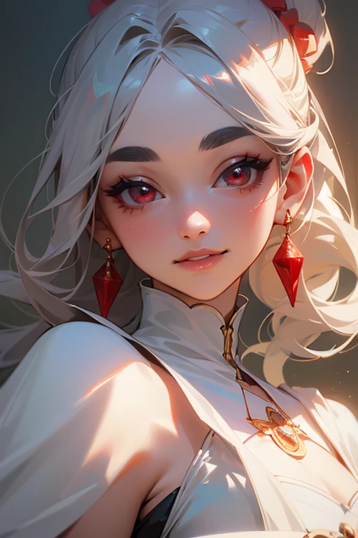 (highest quality, masterpiece:1.2), High resolution, 最高masterpiece、Very detailed, Realistic:1.37, Fantasy, An illustration,Gray Hair、 Red eyes、Queen, White Dress、Platinum decoration、beautifully、Eyeshadow Red、Thick eyebrows、Long eyelashes、pupils are black、shiny on the lips、Top Sites、Queen、Princess、ponytail、A kind smile、Show your teeth a little and smile、Soft impression、people々々々々々々Loved by、Slimming the face、Shoulder Bare、sexy、learn more、Braiding、Kissing Face、Luxurious and beautiful hair ornament、