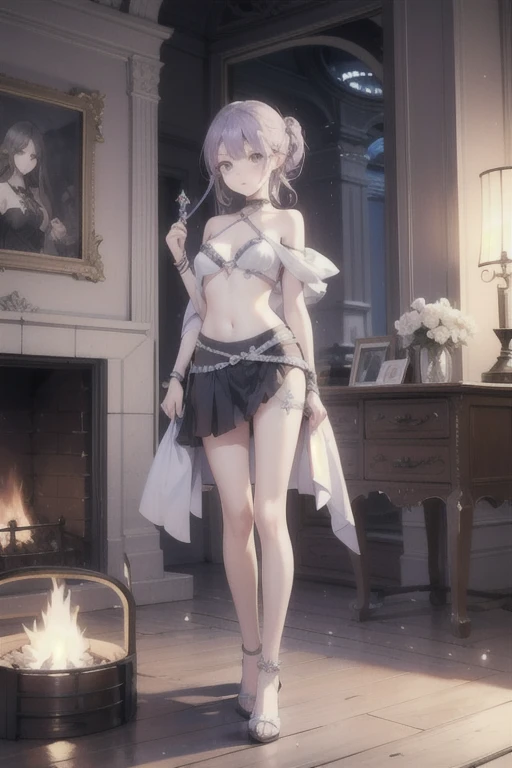 masterpiece, best quality, ultra-detailed, illustration, beautiful detailed eyes, 1girl, thin belly, bareshoulder, violet microskirt,purple braid hair, background is a cosy living with firepit, warrior, holding sword, smallbreast,full body, ontdoor, cave,