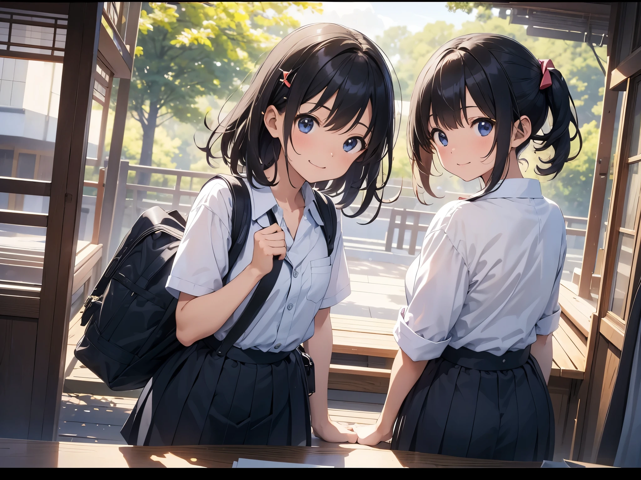Summer sky, Japan, Kyoto during the day, Sunlight filtering through the trees, Two female students, (Piece towards the camera), A scene from the school trip, (photograph), , black hair, hairpin, cheek pull, stifled laugh, anime, depth of field, cinematic lighting, close-up, f/2.8, 85mm, 85mm, foreshortening, Wide-Angle, Wide-Angle, UHD, retina, masterpiece, best quality, highres, 4K, high details, award winning