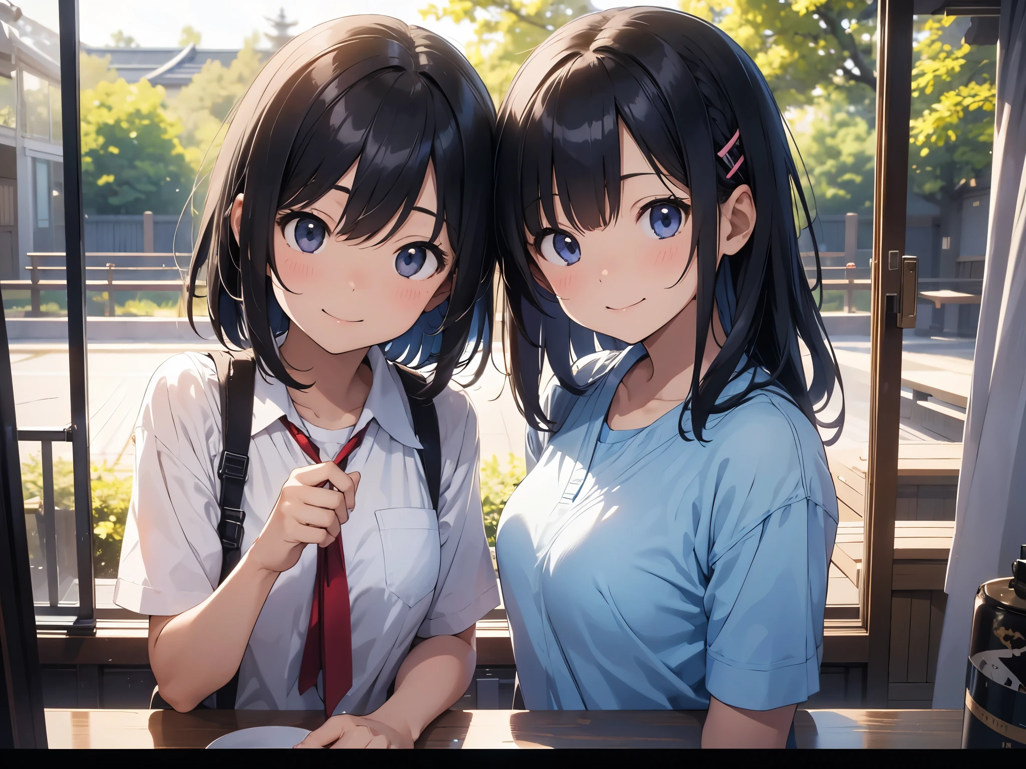 Summer sky, Japan, Kyoto during the day, Sunlight filtering through the trees, Two female students, (Piece towards the camera), A scene from the school trip, (photograph), 16 years old, black hair, hairpin, cheek pull, stifled laugh, anime, depth of field, cinematic lighting, close-up, f/2.8, 85mm, 85mm, foreshortening, Wide-Angle, Wide-Angle, UHD, retina, masterpiece, best quality, highres, 4K, high details, award winning