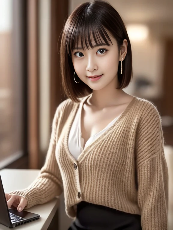 (masterpiece)、(highest quality:1.5)、(16k wallpaper:1.2)、(Photorealistic:1.2)、(Ultra-detailed:1.2)、(超A high resolution:1.2),(Surreal), (High resolution), (Very detailed), (Professional), (Realistic), (Post-processing), (Very detailed),(Sharp focus), Sharp focus:1.2,Photorealistic, Ultra-realistic, Backlight, Bright light, (Improvement of quality:1.4),
Healthy thighs、Narrow waist、Big Ass、(Beautiful legs)、((Perfectly detailed five-fingered hands)),(Anatomically correct body)、((1 female:1.4))、Realistic Skin、(Small chest:1.4),Pretty woman with perfect figure:1.4,(from the front:1.5), (Enhances the beauty of skin texture:1.1),
(美しいFine grain), (Detailed face),Beautiful realistic face,No makeup、美しいBlack Hair、Super Beauty、The best smile、Natural color lip、揃ったbangs、((29-year-old woman))、Bob Hair、Hair blowing in the wind, (Black Hair, Iris, Watery eyes, Shining Eyes, Short bob cut hair, Small earrings, Lightly reddish), Hair behind the ear、No makeup、(Drooping eyes)、Drooping eye corners、She is a web designer, Use her computer, bangs, Fine grain, Shining Eyes, Detailed fingers, Wear a cardigan, skirt, At work, This office is a bright place with a creative atmosphere., Natural light, Colourful and modern interior, New Equipment