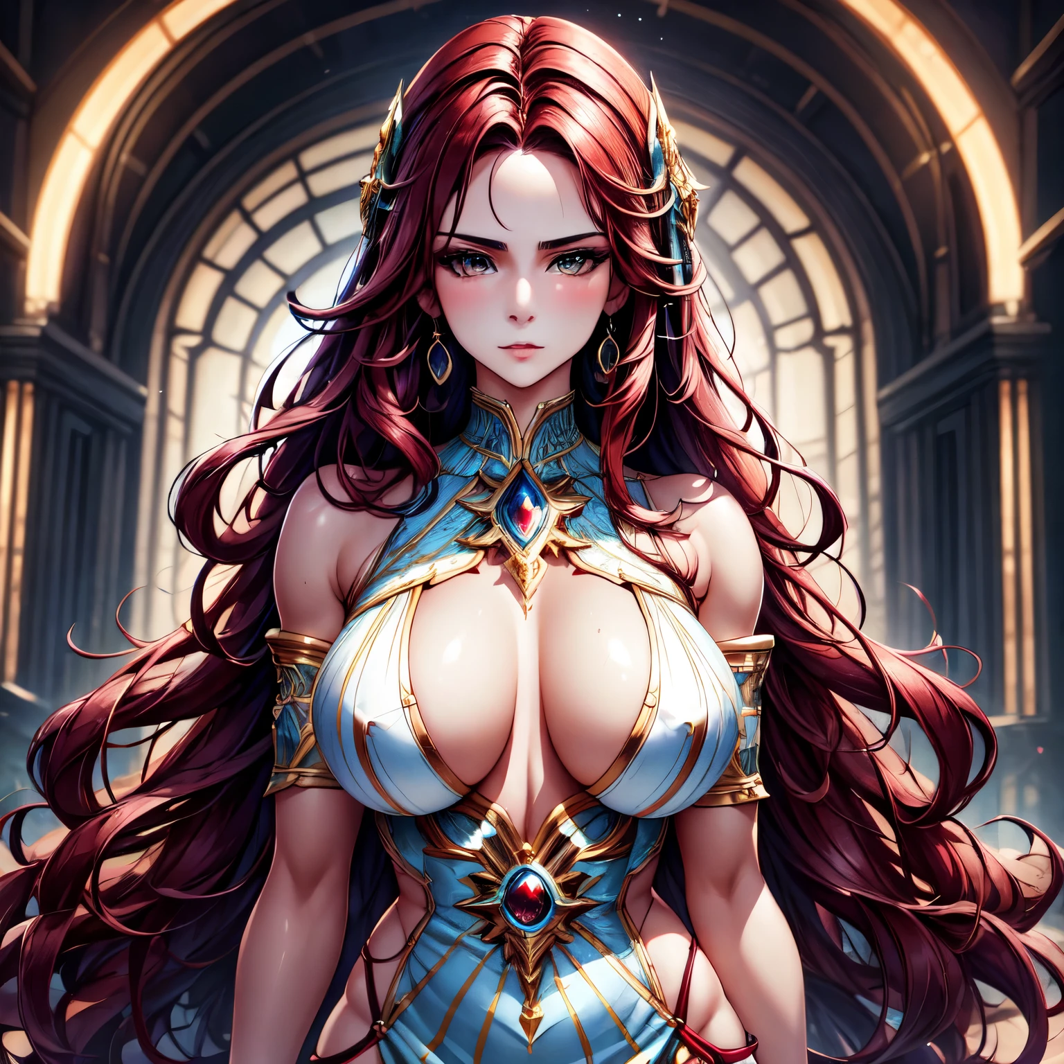 An ultra-detailed illustration of a fair-skinned woman with red hair, brown eyes, and a model-like physique, big . She is wearing elegant, fantasy-style clothing, such as an intricately designed dress or armor with elaborate details. She has a tribal tattoo on her arm, adding a unique and exotic touch to her appearance. The background of the image should be transparent. Ensure the image is in the highest resolution possible with vibrant colors, sharp details, and a high level of realism to enhance the overall quality