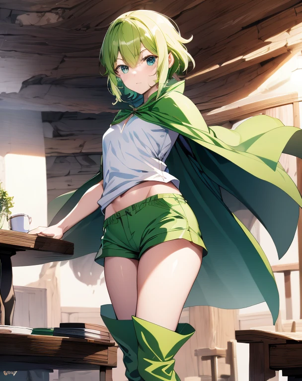 highest quality, Tabletop, 超A high resolution, Ryu Lion, Green shorts, Green Boots, White shirt, Green Cape