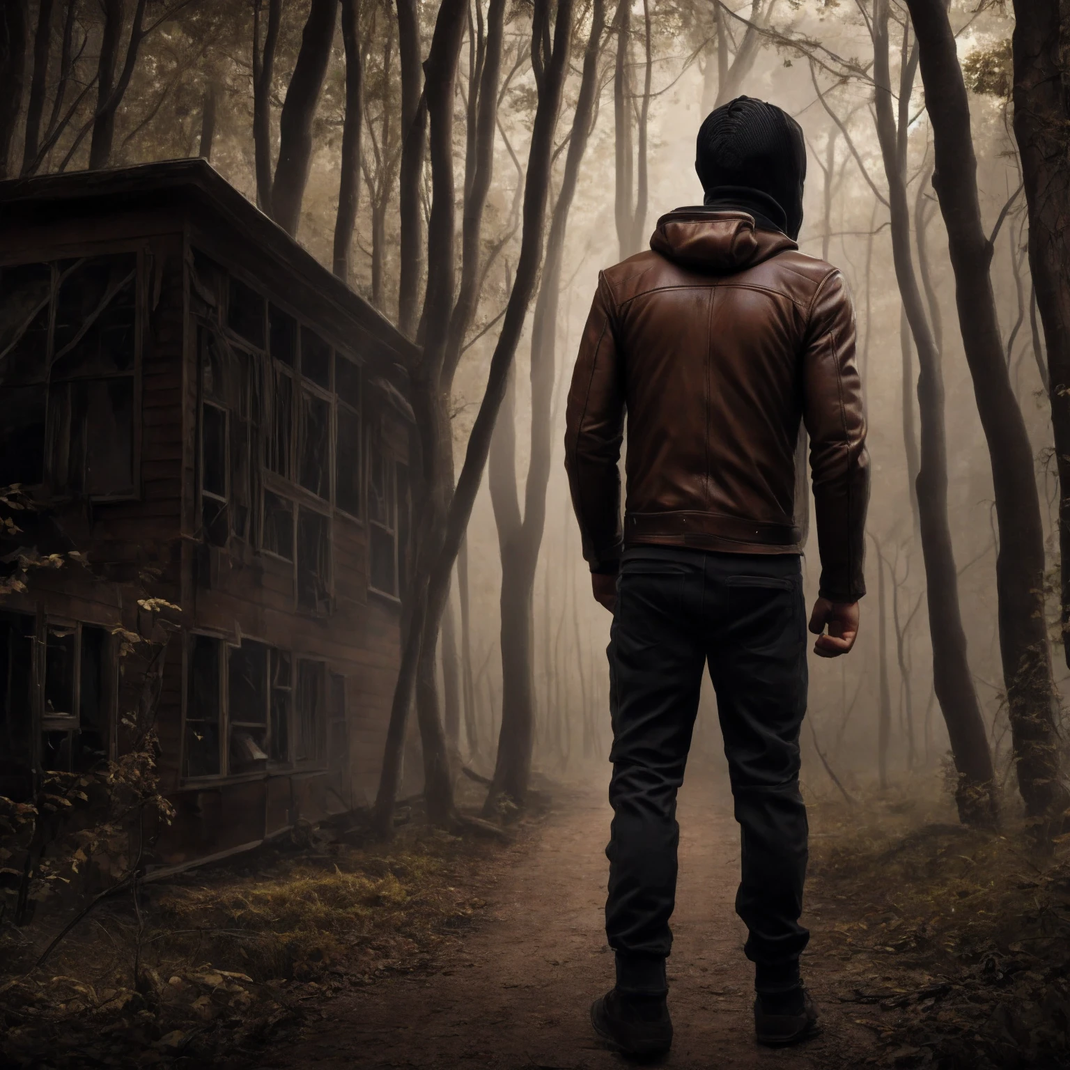 Best quality(8K), masterpiece, ultra-detailed, Demon in Civilian Gas Mask GP-5 , brown leather jacket and black hoodie , looks menacingly into the frame, exudes tension and fear, behind there is a forest and an abandoned house, photography causes tension. perfect anatomy, All elements are combined with each other