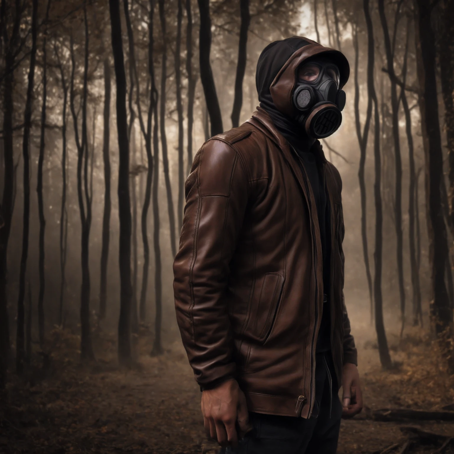 Best quality(8K), masterpiece, ultra-detailed, Demon in Civilian Gas Mask GP-5 , brown leather jacket and black hoodie , looks menacingly into the frame, exudes tension and fear, behind there is a forest and an abandoned house, photography causes tension. perfect anatomy, All elements are combined with each other